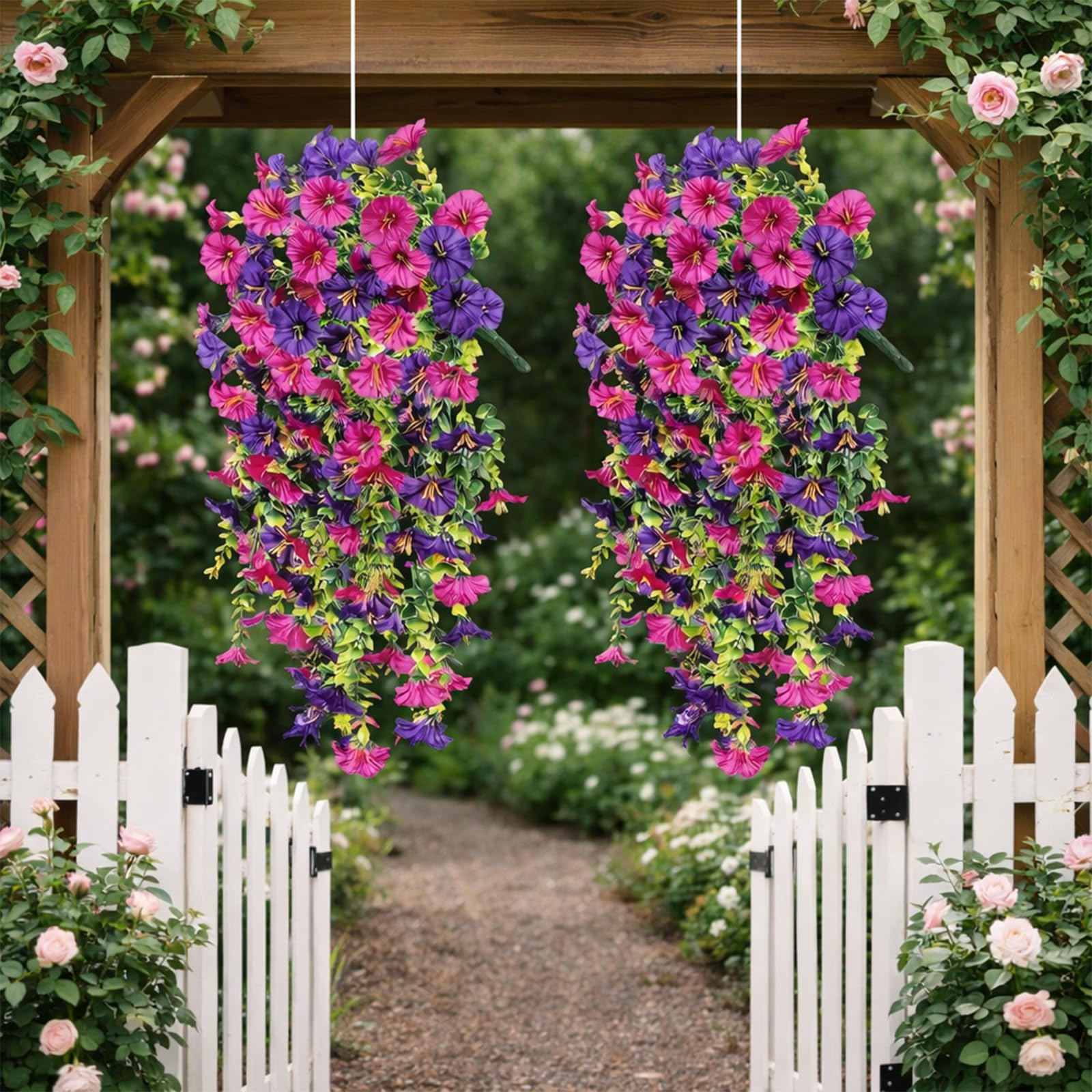 Liocwocne Purplish Red 2Pcs Artificial Hanging Flowers Outdoor, Uv Resistant Hanging Artificial Morning Glory Vine, 75Cm Fake Flower Bouquet Hanging Vine Drooping Plants For Hanging Baskets Spring Decor (,2 Pcs)