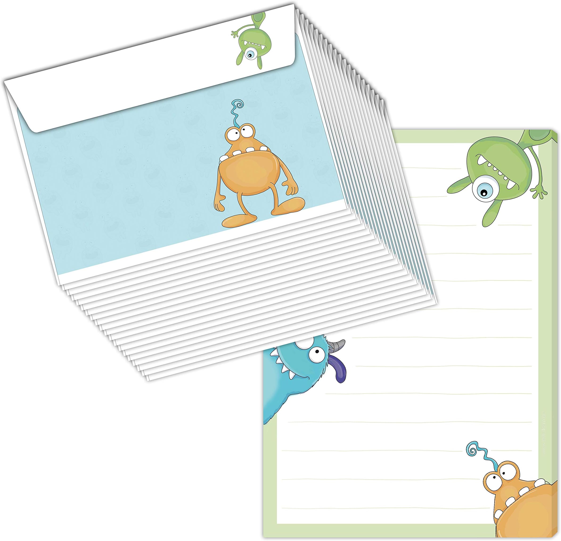 Writing pad / letter pad "MONSTER", DIN A5 (lined 50 sheets) including 20 matching envelopes / for letters and stationery