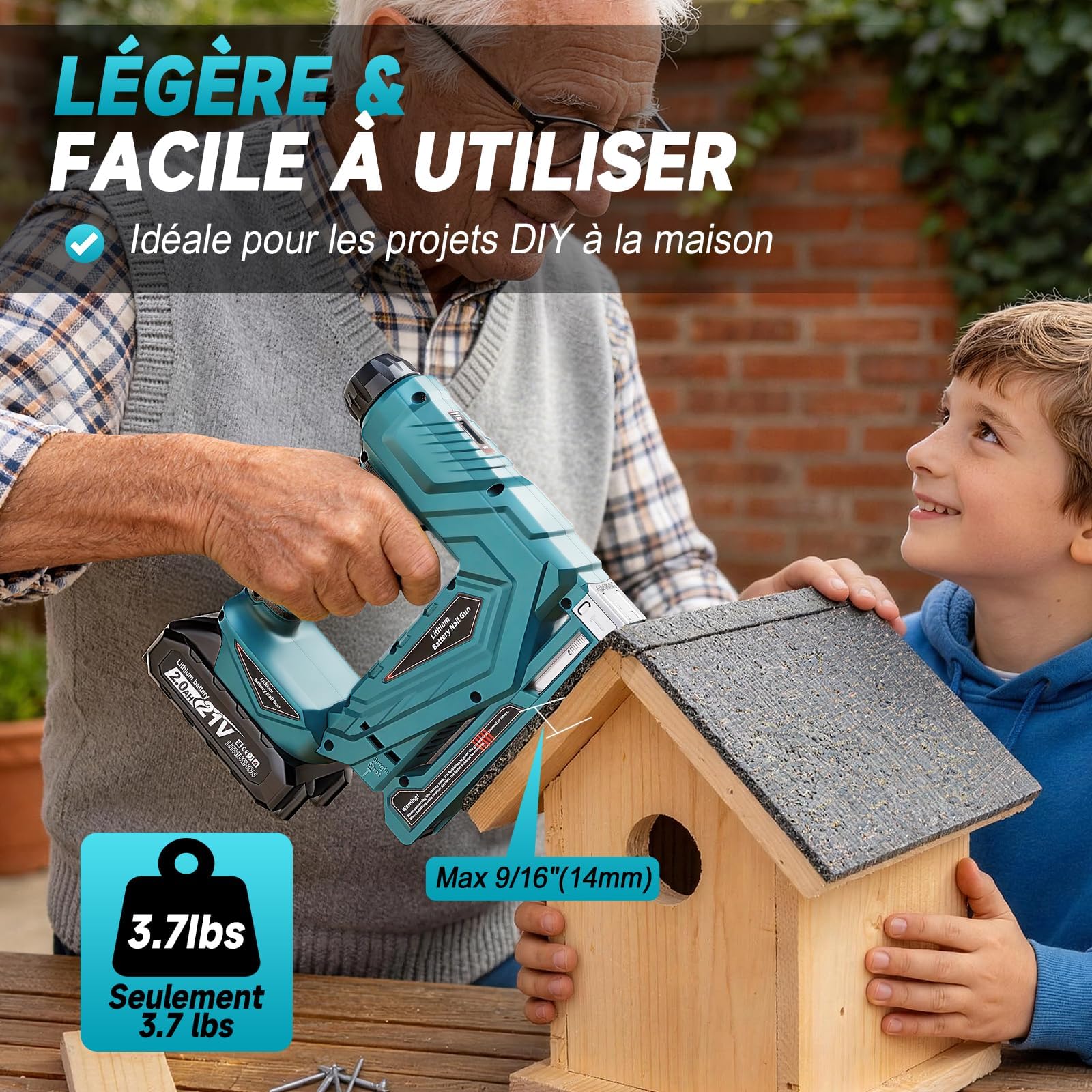 Grapadora Eléctrica con 2 Baterías 2.0Ah, 2 en 1 Clavadora Eléctrica de Clavos y Grapadora con 2000 Clavos y Grapas, 2 Modos de Disparo, Potencia Ajustable para Tapicería, Carpintería y Bricolaje