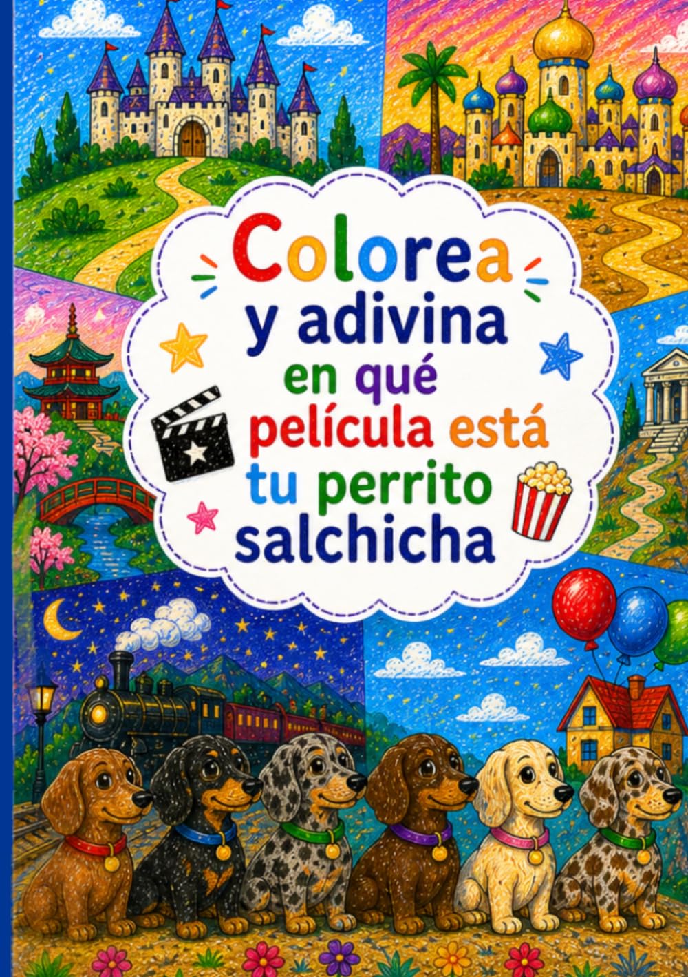 Colorea y adivina la película: Libro de colorear con perritos salchicha | 50 dibujos con pistas: Libro de actividades para niños y adultos | Adivina ... | Dificultad variada y pistas al final