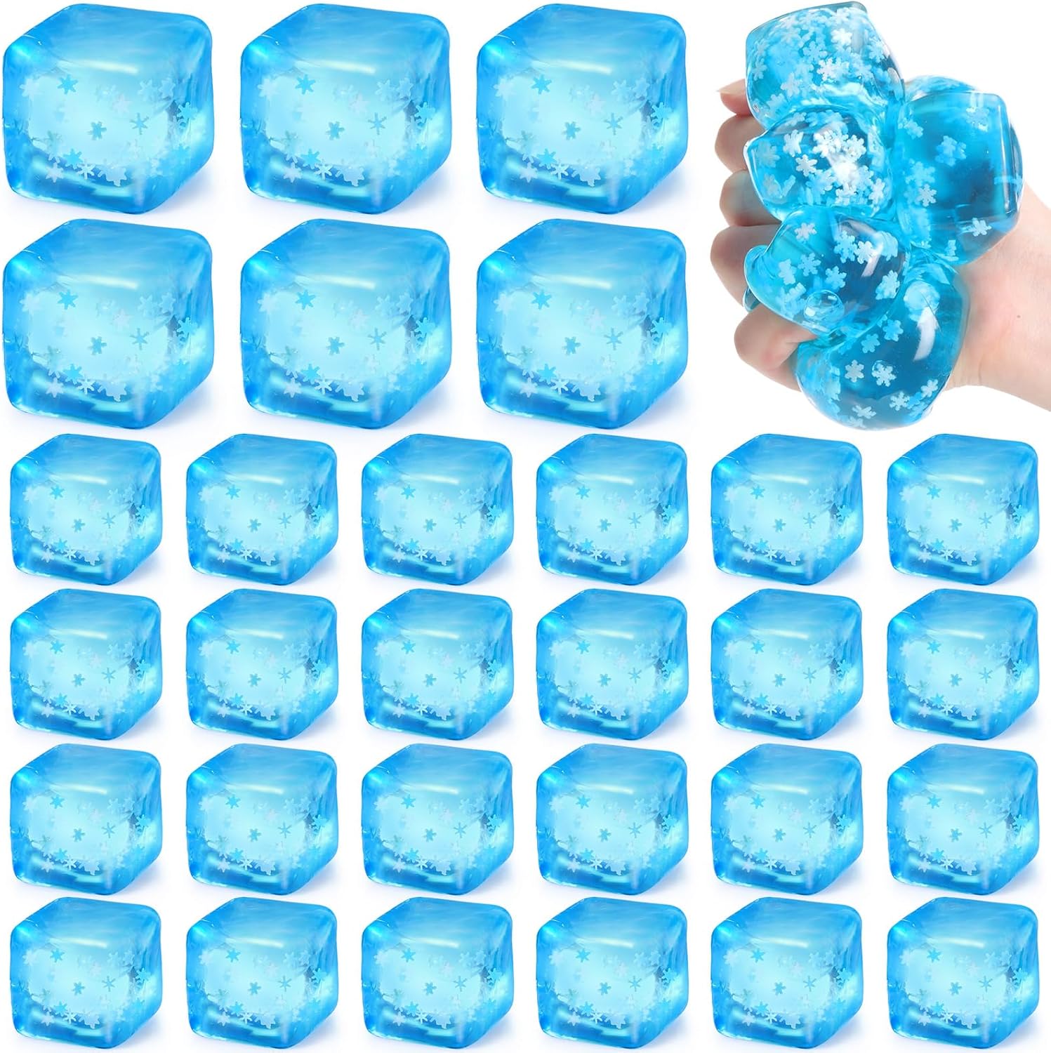 Stress Cube Bulk Mini Ice Cube Stress Balls Soft Squeeze Sensory Fidget Ball with Snowflake Anxiety Relief for Party Supplies, Prizes, Goody Bag Filler(30 Pcs,Blue)