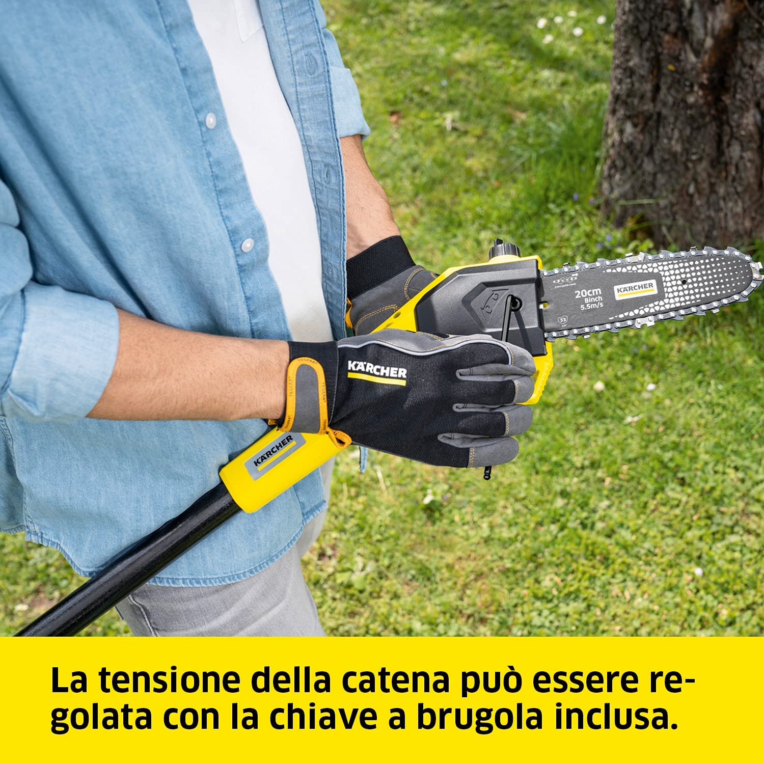 KÄRCHER Seghetto telescopico a batteria PSW 18-20, barra di guida 20 cm, lubrificazione automatica catena, autonomia 80-160 tagli, utilizzabile con la batteria KÄRCHER da 18 V (non inclusa)