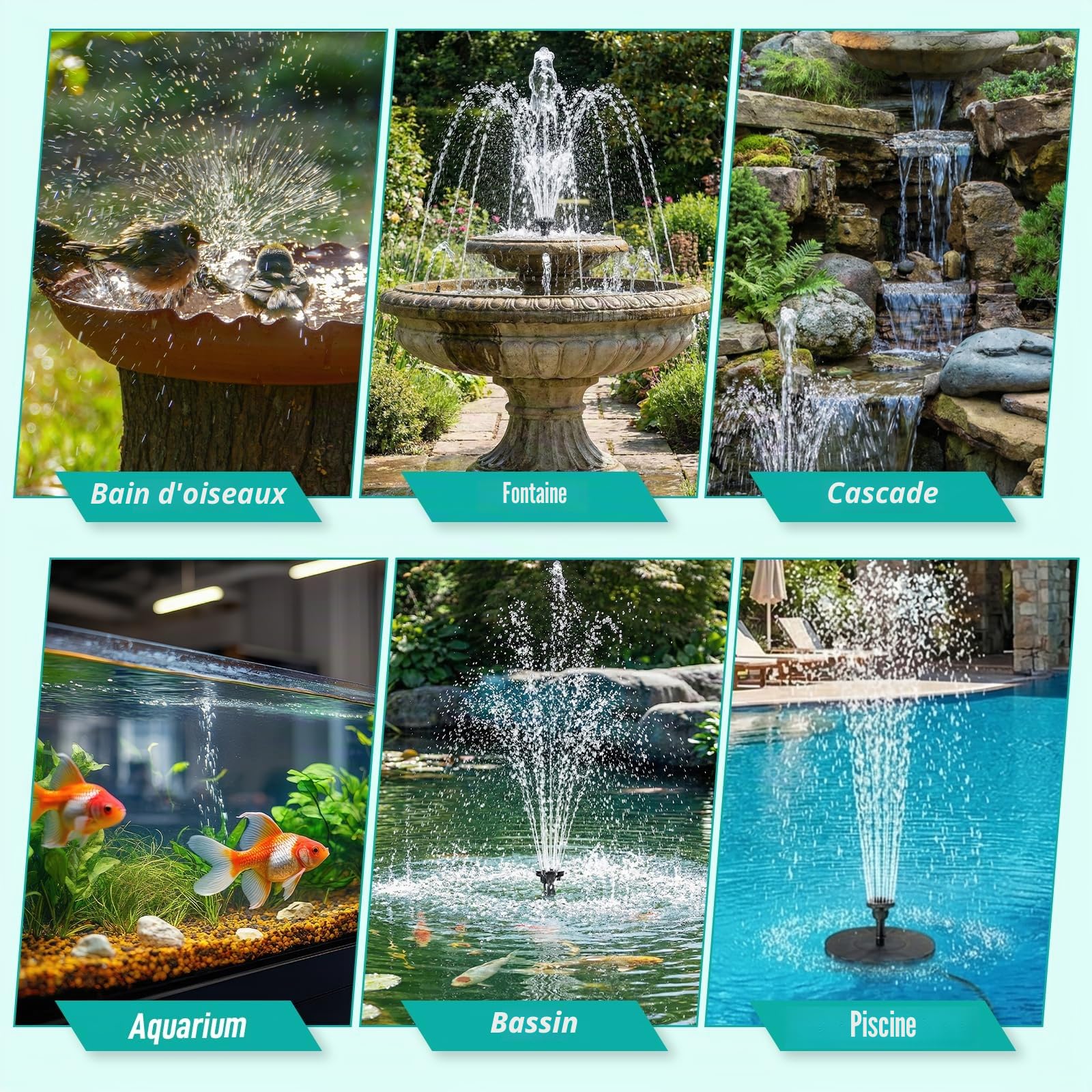 Clevich 6,5W Fontaine Solaire, Pompe à Eau Solaire, avec Tuyau d'eau de 1 m, Câble de 3,25 m, pour Bassins à Poissons, Petits Bassins, Cascades, Pots de Fleurs, Fontaines Décoratives