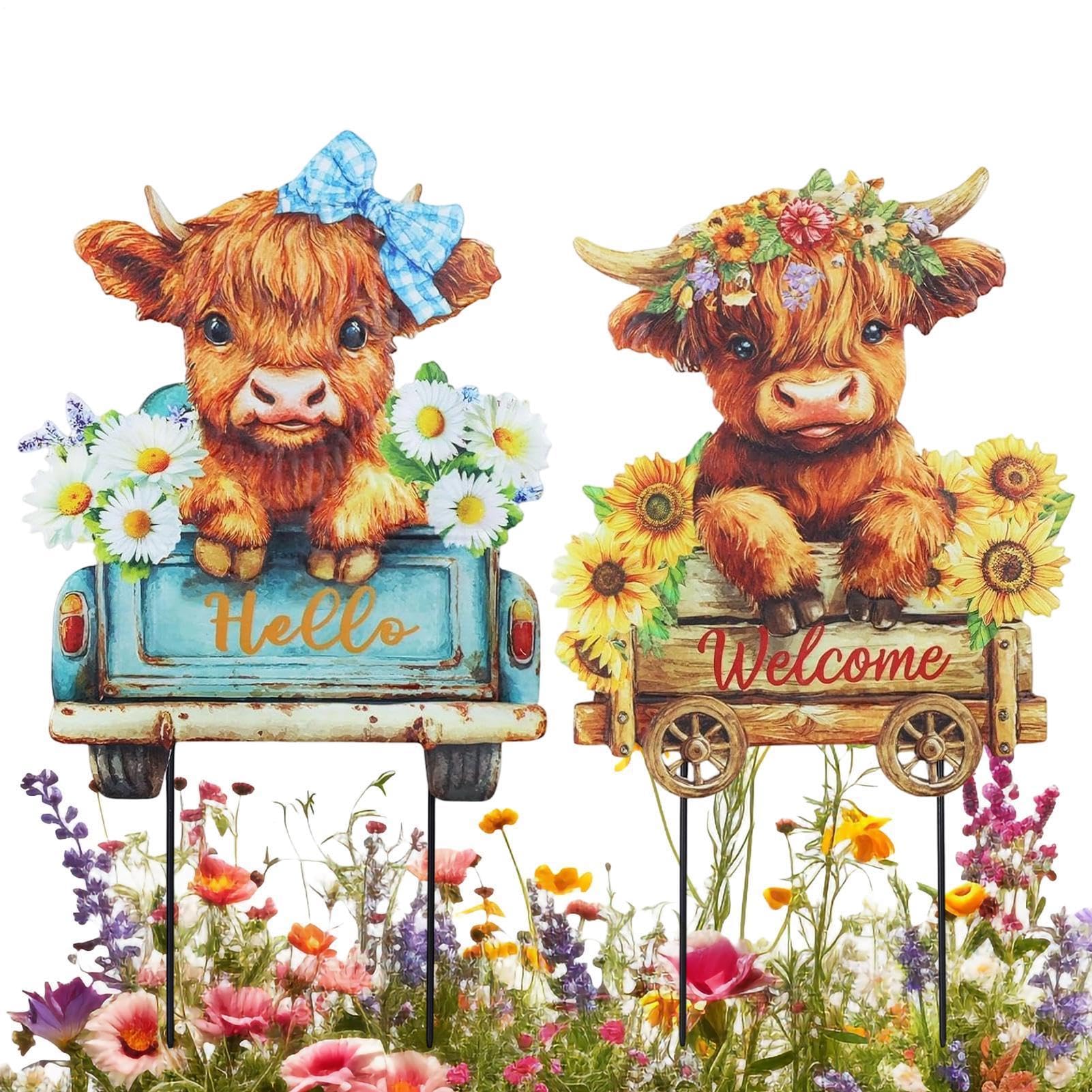 Décoration vache extérieur lot de 2 piquets de jardin rouille