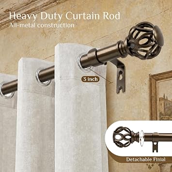TVWOO Bronze Curtain Rod, Curtain Rods for Windows 28 to 60 Inch, 1 Inch Adjustable Curtain Rod, Heavy Duty Curtain Rods, Farmhouse Twisted Cage Finial Curtain Rods, Window