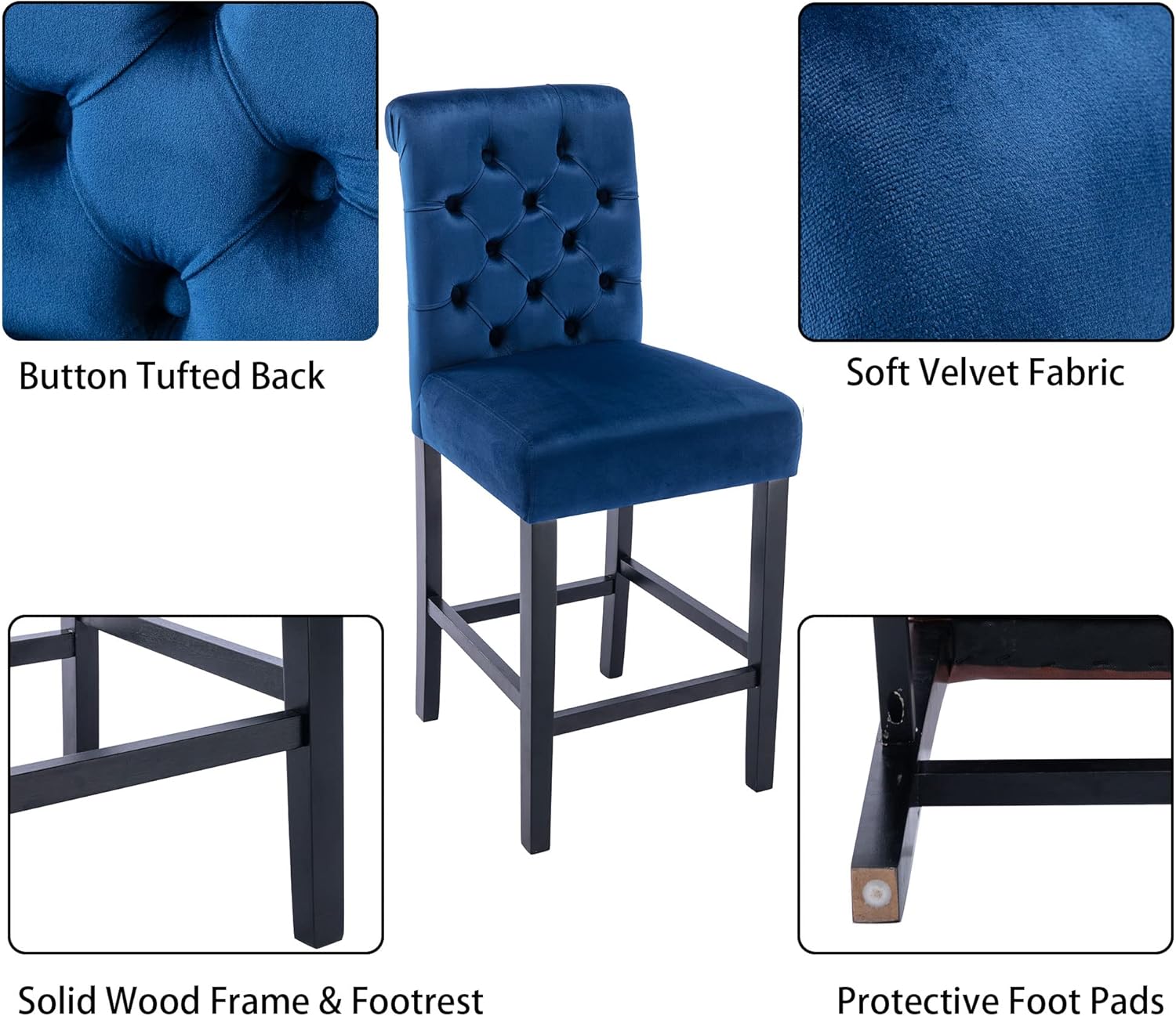 Bar Stools Set of 2, 26 inch Velvet Counter Height Barstools Modern Upholstered Kitchen Island Wood Bar Chairs for Home Pub/Bistro/Coffee House, Blue