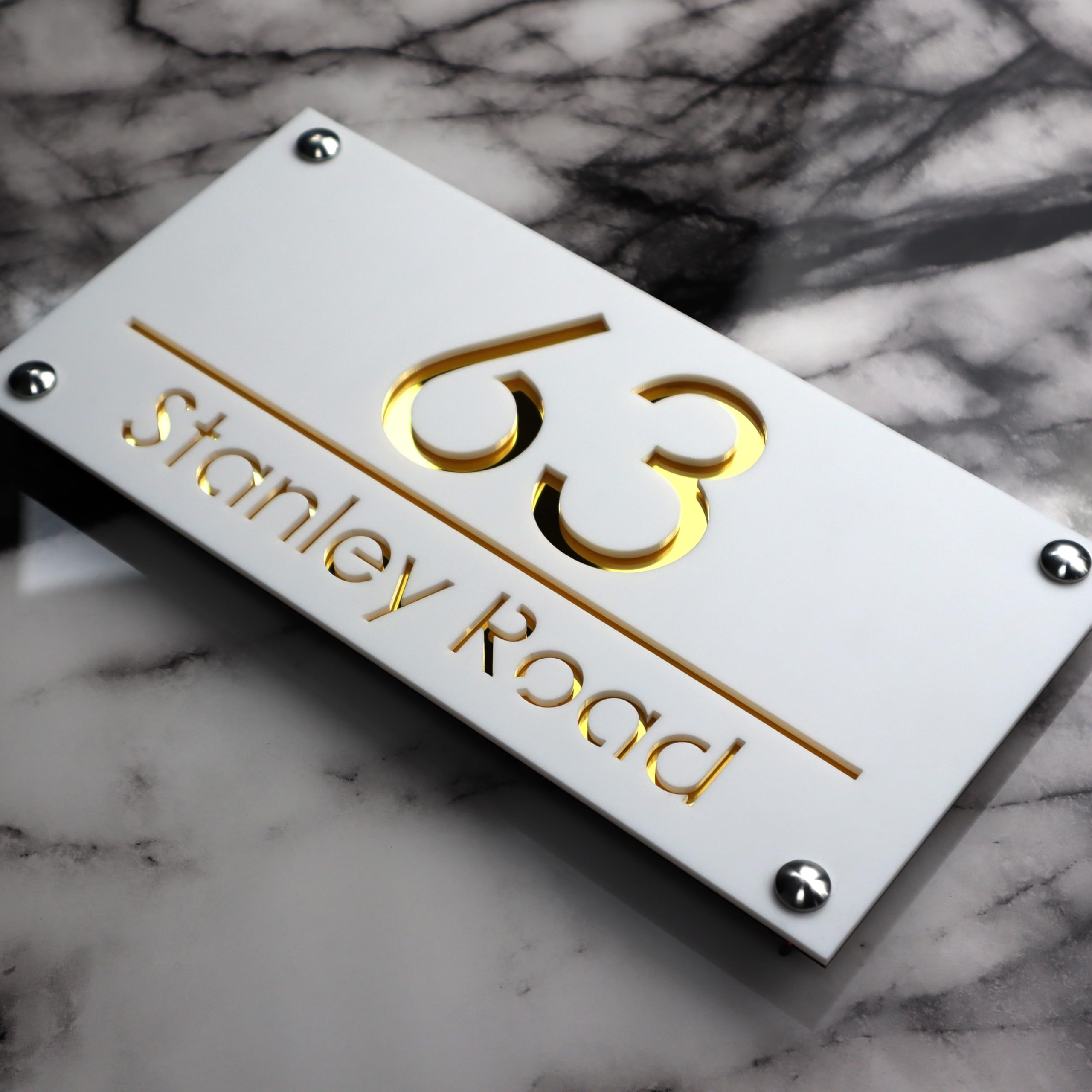 K SMART SIGN | LUXE H3 F31 | House Numbers Plaques House Numbers Door Signs House Number For Wall Name Plaques For Outside 3D Laser Cut acrylic Mirrored Marble (Matt White & Gold Mirror)