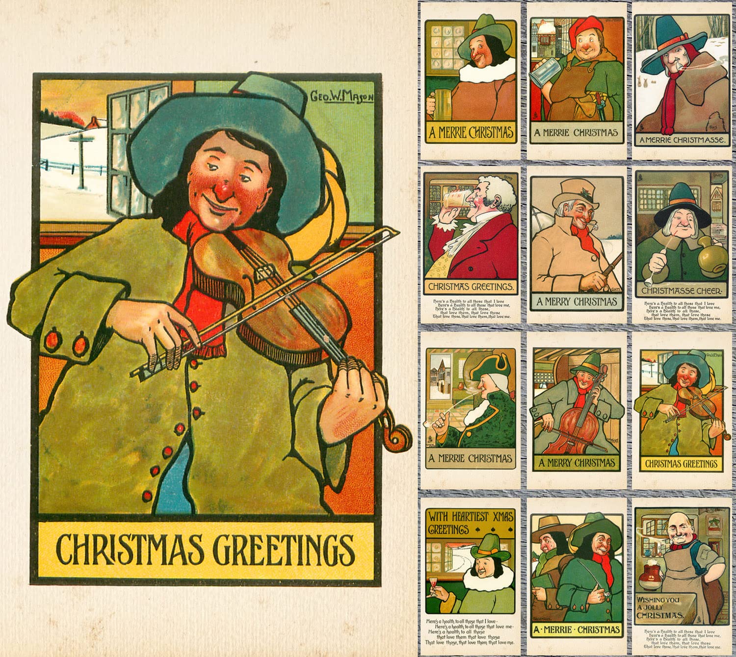 PIXILUV VICTORIAN CHRISTMAS (Pack of 12) Notecards Small Greeting Cards # Vintage Victorian Merrie Christmas Greetings ~ Vintage Christmas Postcards Reprint