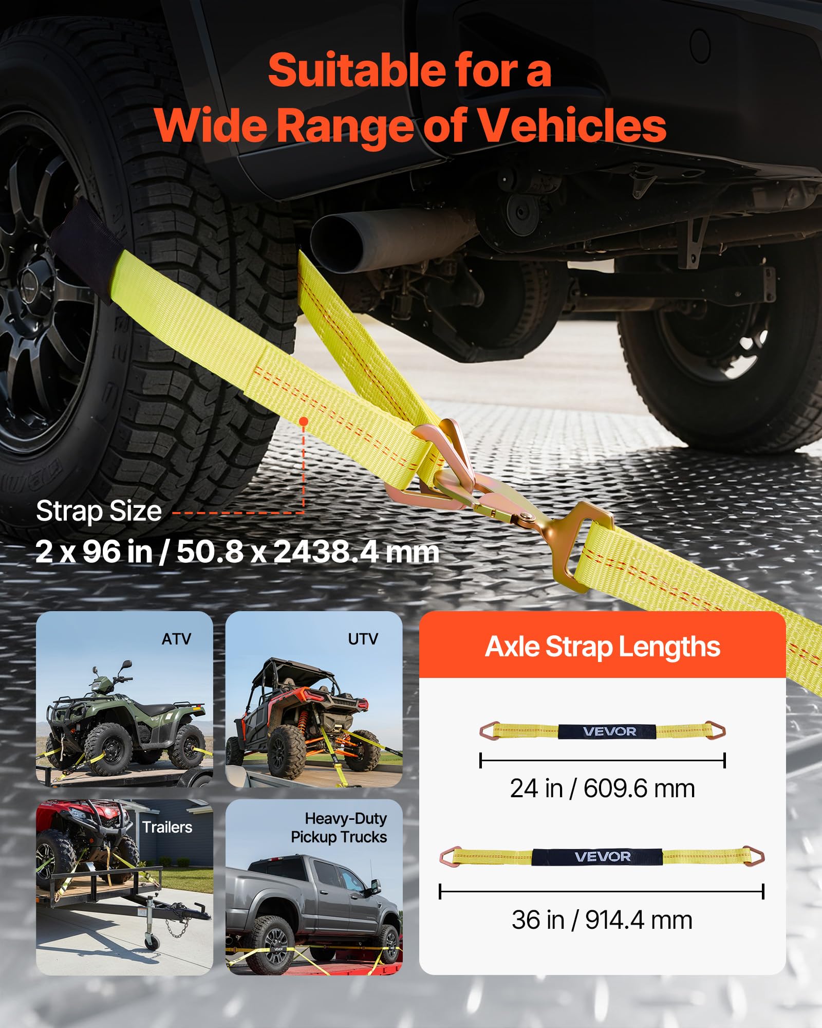 VEVOR Cinghie di Fissaggio per Pneumatici di Rimorchio 50,8 x 2438,4 mm con Gancio a Molla e Resistenza alla Trazione di 4540 kg e Capacità di Carico di 1512 kg, per SUV, Rimorchi, Giallo