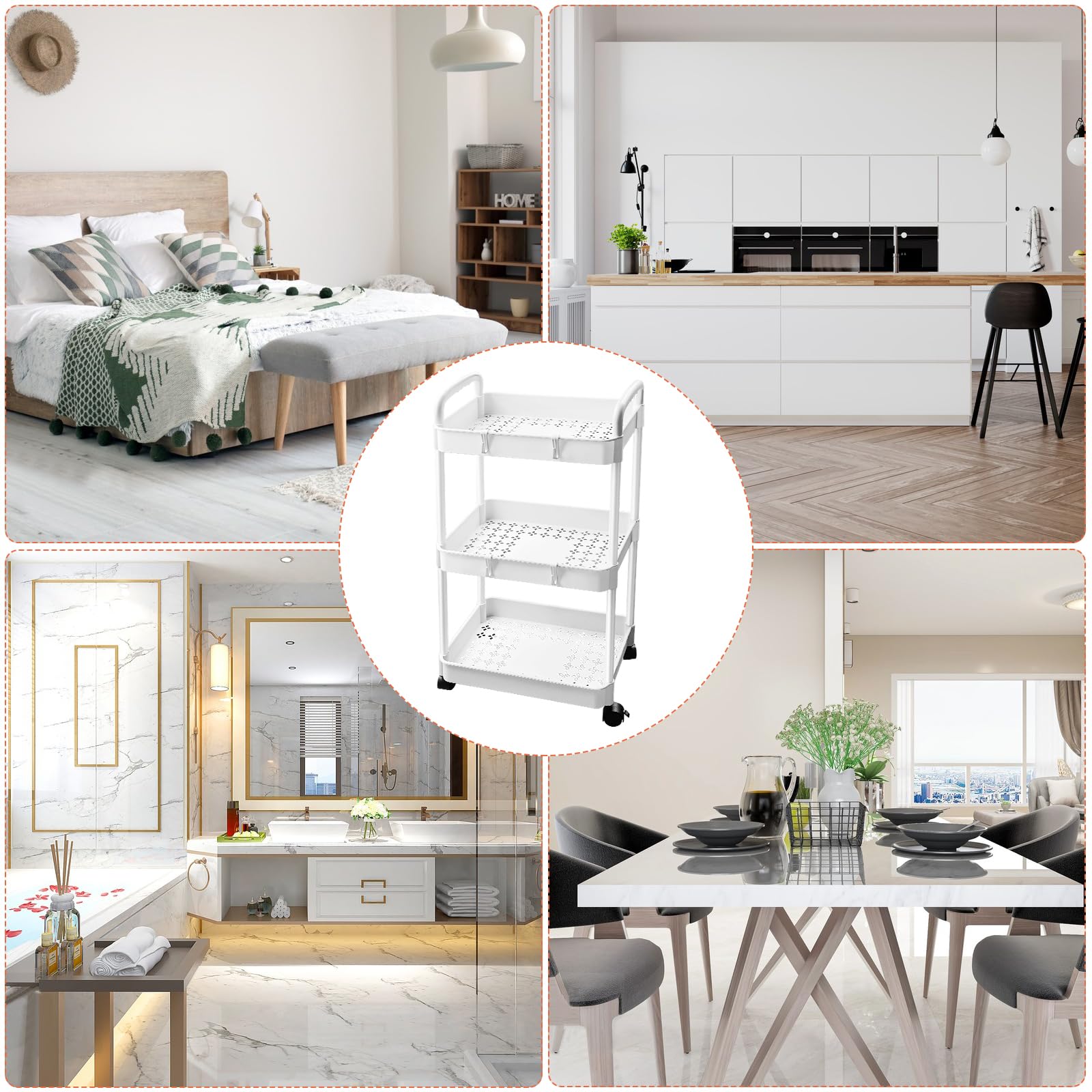 3 Livelli Carrello Cucina, Scaffale Plastica 38 × 25 × 76 cm, Bianco Carrello Ruote Portatutto Cucina Portaoggetti Multifunzionale per Bagno Ufficio Soggiorno Spazi Ristretti