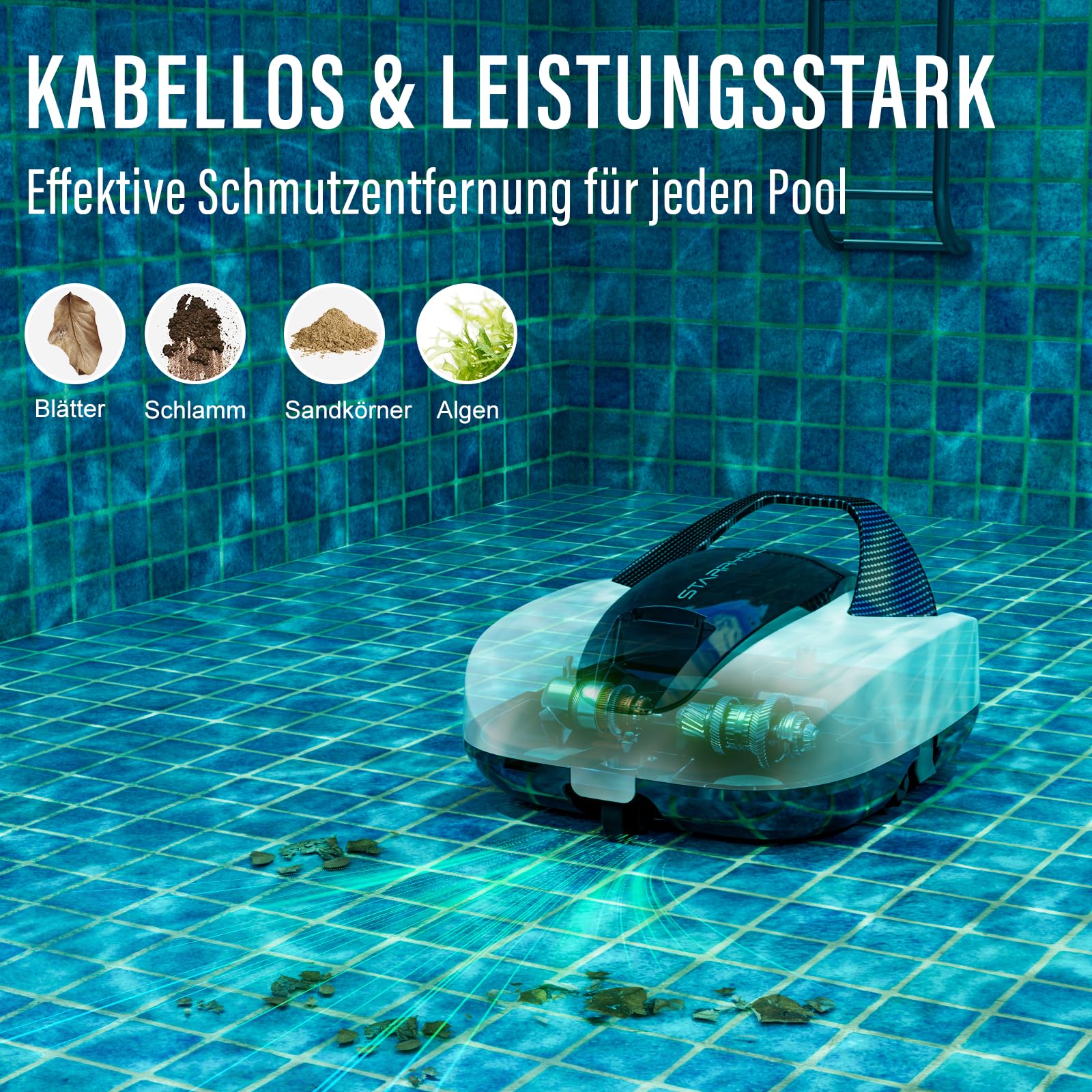 STARRYBOT Poolroboter Akku, kabelloser Poolsauger mit Selbstparkfunktion, 150 Min. Laufzeit & 120 Min. Ladezeit, automatischer Poolreiniger für Aufstellpools bis 84 m², Weiß