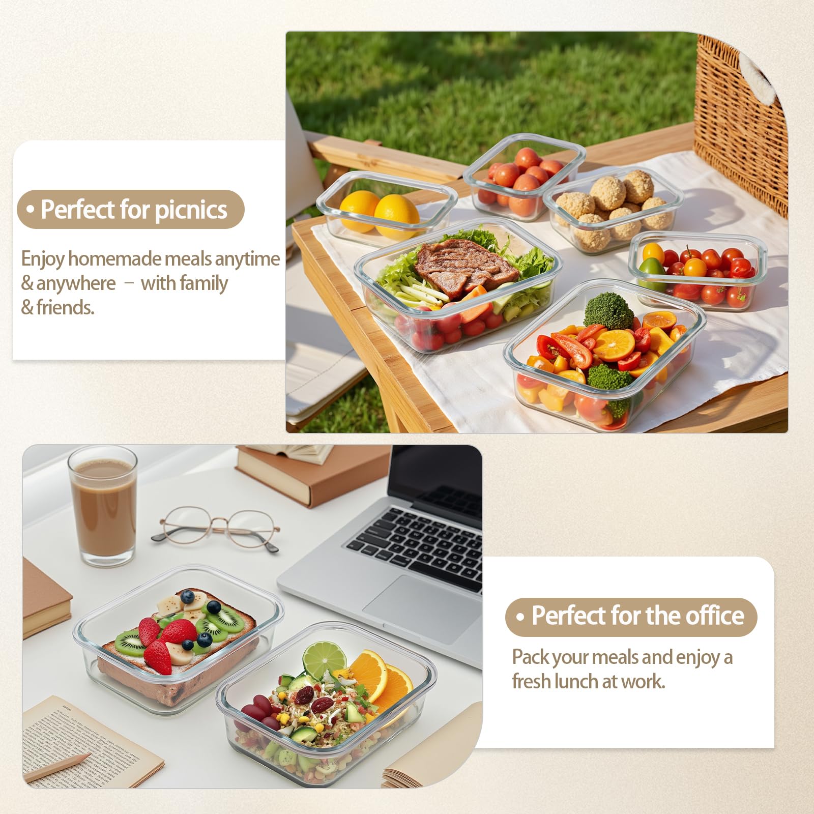 Confezione da 10 contenitori per alimenti in vetro con coperchi ermetici, contenitori per la preparazione dei pasti, set di contenitori con coperchio senza BPA, per alimenti, bento box, microonde