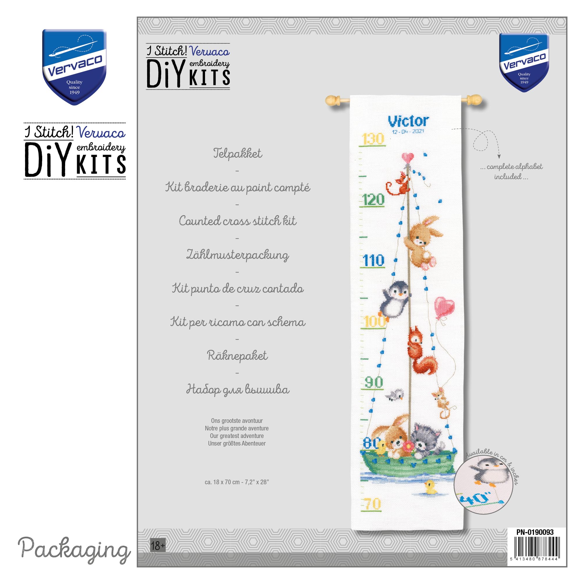Vervaco Kit Punto De Cruz Medidor De Altura Para Niños NUESTRA MAYOR AVENTURA Regalos DIY Completo Creativo Manualidades Creatividad Adultos Decoracion Pared Bordar Kit Principiantes ca. 18 x 70 cm