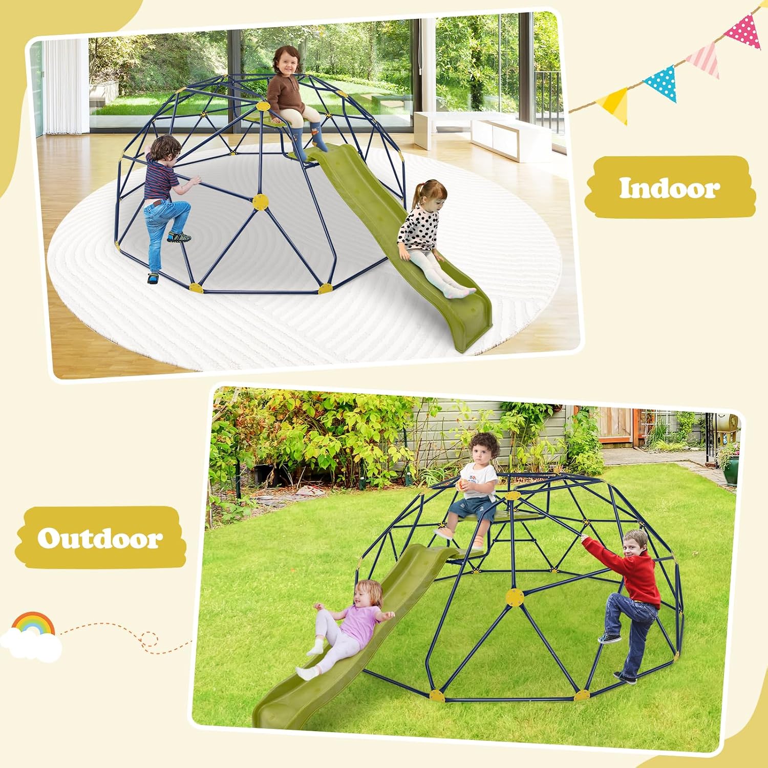 HONEY JOY Climbing Dome with Wave Slide, 13.3 FT Jungle Gym Monkey Bar for Backyard, Outdoor Climbing Toys for Toddlers Playground Equipment, Geometric Dome Climber for Boys Girls Age 3-8, Gift