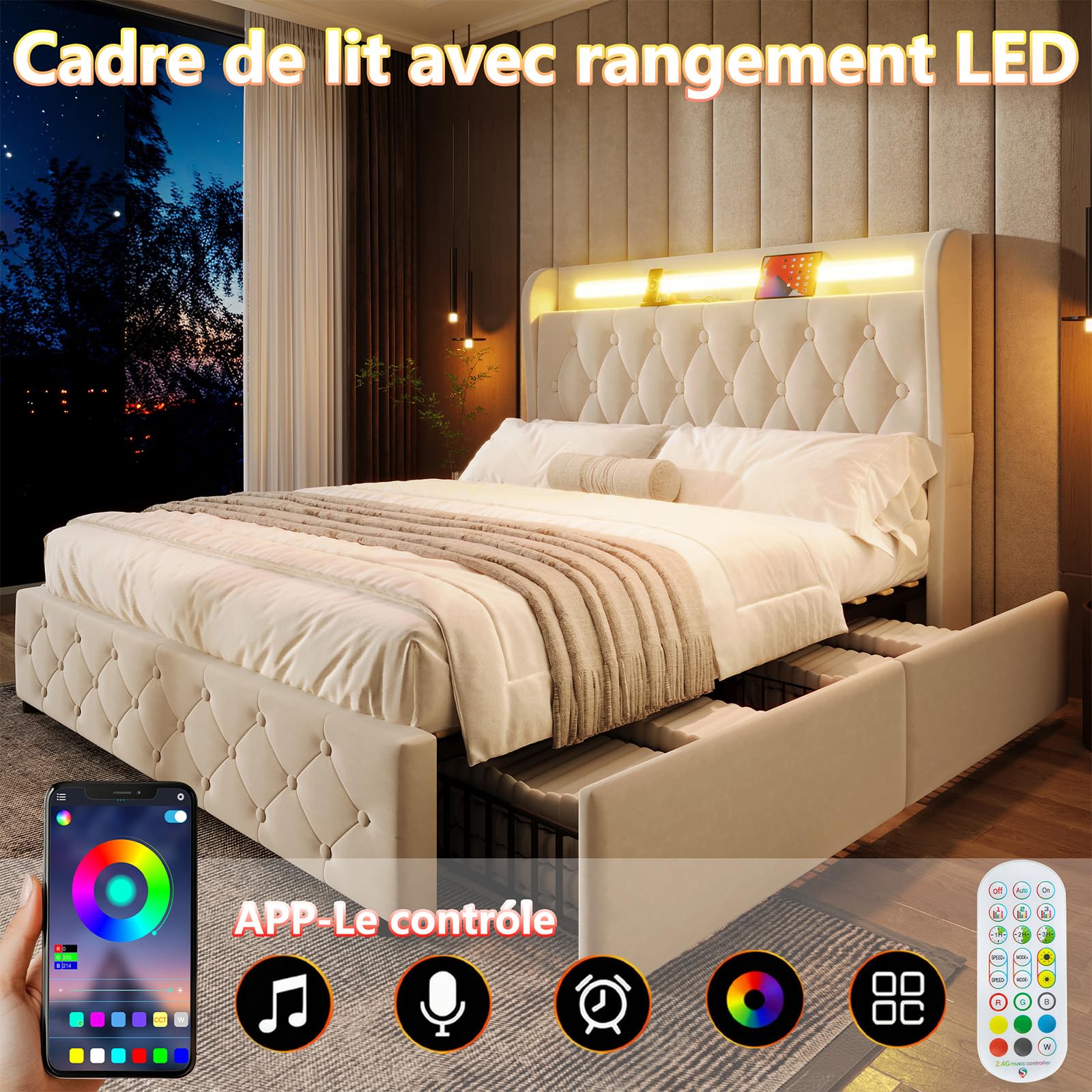 Lit 160x200 Sommier avec Grand Tiroir et Système Hydraulique, Cadre en Velours Gris avec Lumières LED et Port USB, Lit Coffre Design Moderne pour Rangement Efficace et Décoration Chic de Chambre
