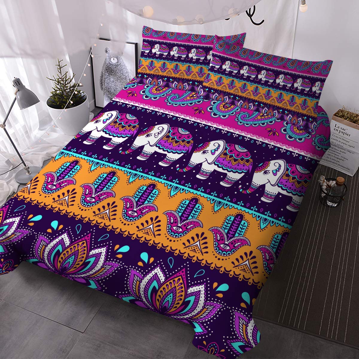 Blessliving Boho Stripe Bedding 3 Piece Bohemian Duvet Cover Set Double Tribal Paisley Elephant and Hamsa Hand Vintage Purple Southwestern Bedspread