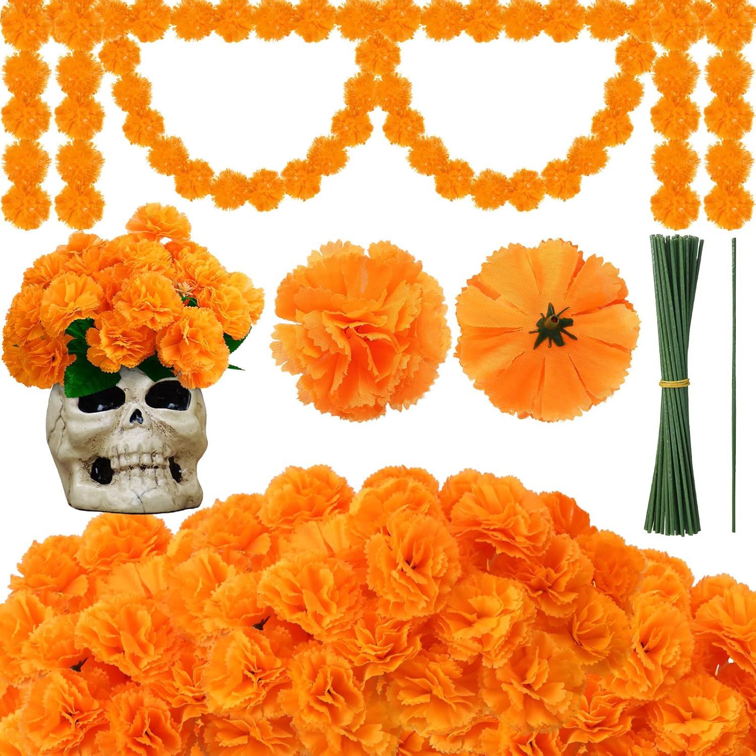 XunYee 32 Pcs Artificial Marigold Flower with Stems Faux