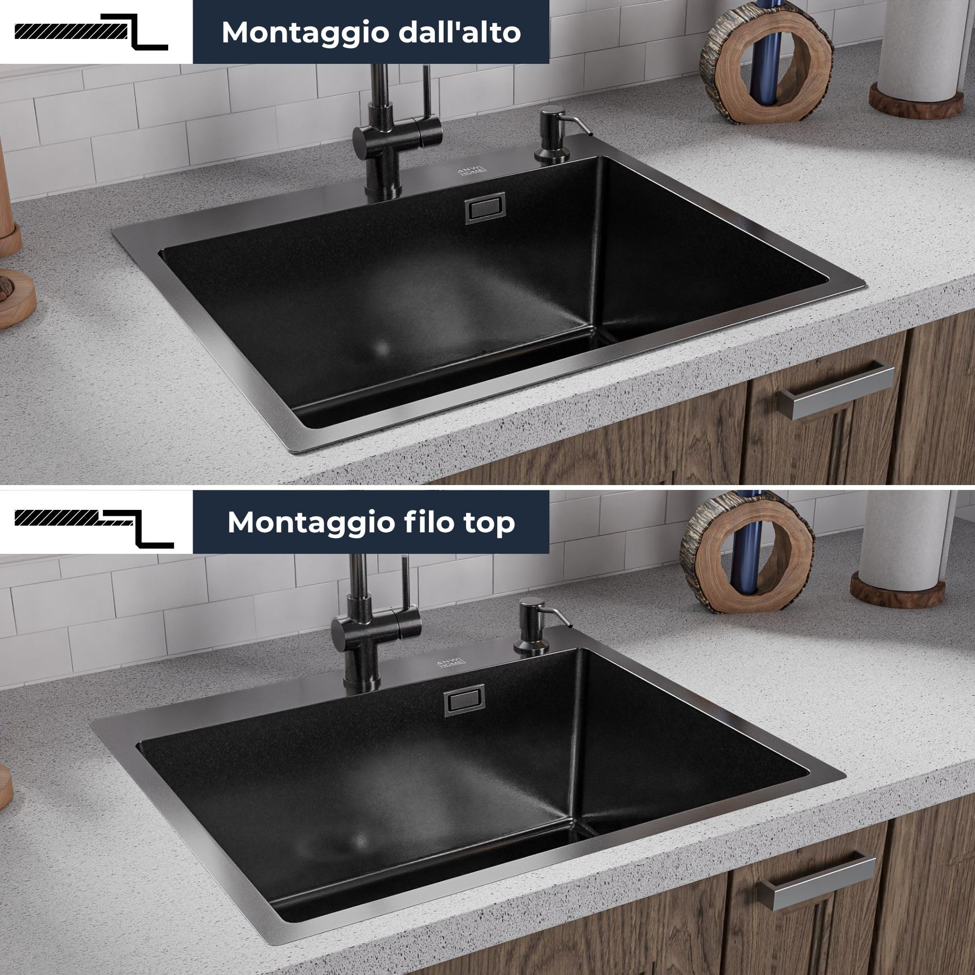 ANW HOME Lavello Cucina 1 Vasca 60x50 cm, Grafite | Incasso, Rivestimento Nano, Spessore 3,0/1 mm, Profondità 22 cm, Con Sifone