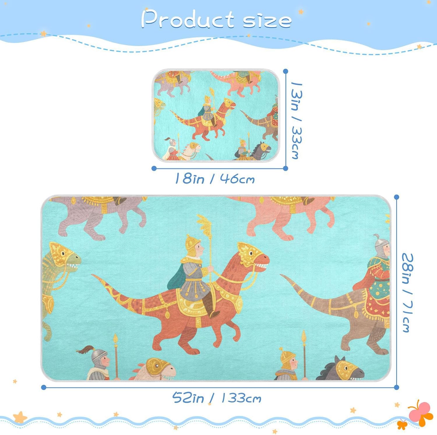 Cute Cartoon Dinosaur Knight Cooling Baby Mattress Protector Pads 28" x 52" Breathable Bed Pads Disposable for Baby&Toddler
