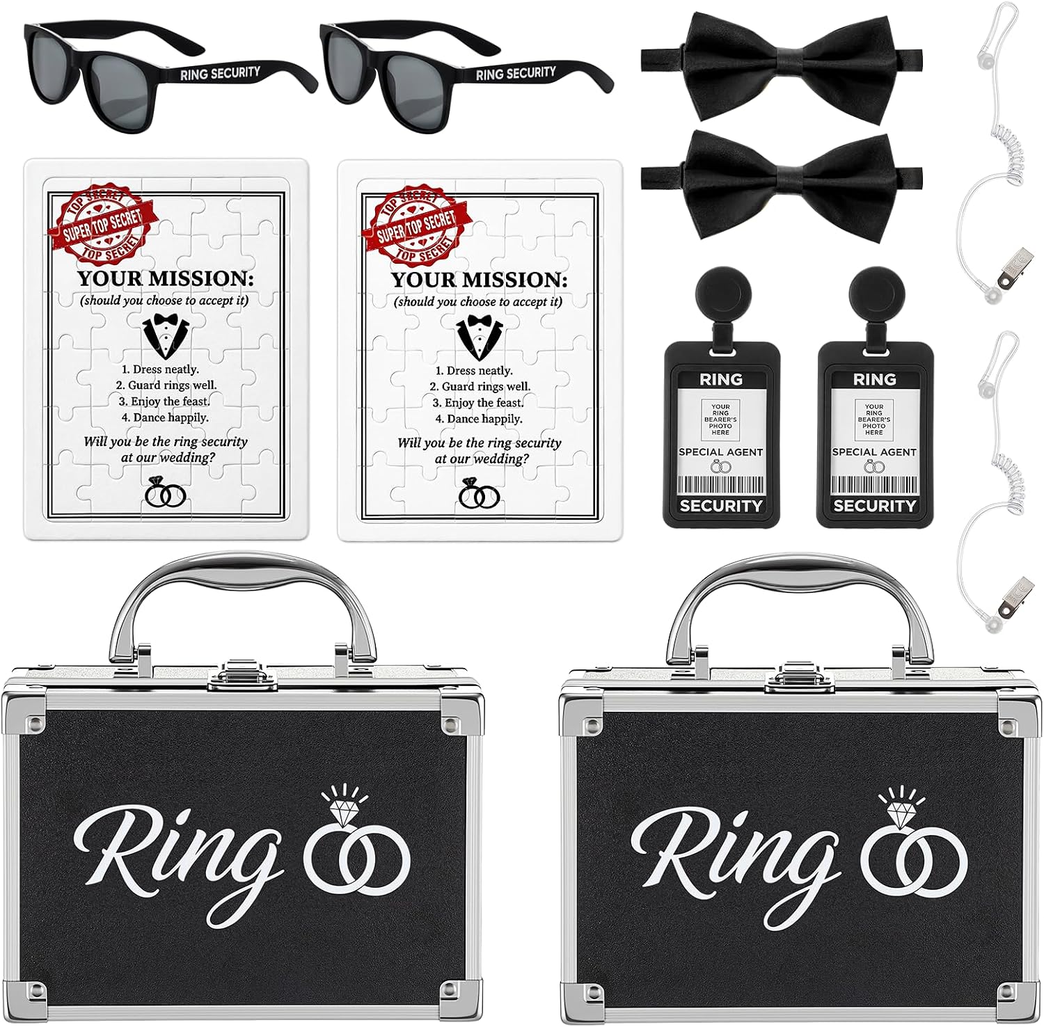 14 Pcs Ring Wedding Bearer Security Set, Rings Bearer Box Sunglasses Bow Tie Card Sleeve Custom Puzzle Security Earpiece Customized Cards for Wedding Proposal Outfit Cosplay