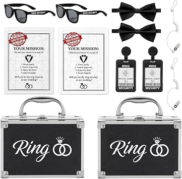 14 Pcs Ring Wedding Bearer Security Set, Rings Bearer Box Sunglasses Bow Tie Card Sleeve Custom Puzzle Security Earpiece Customized Cards for Wedding Proposal Outfit Cosplay