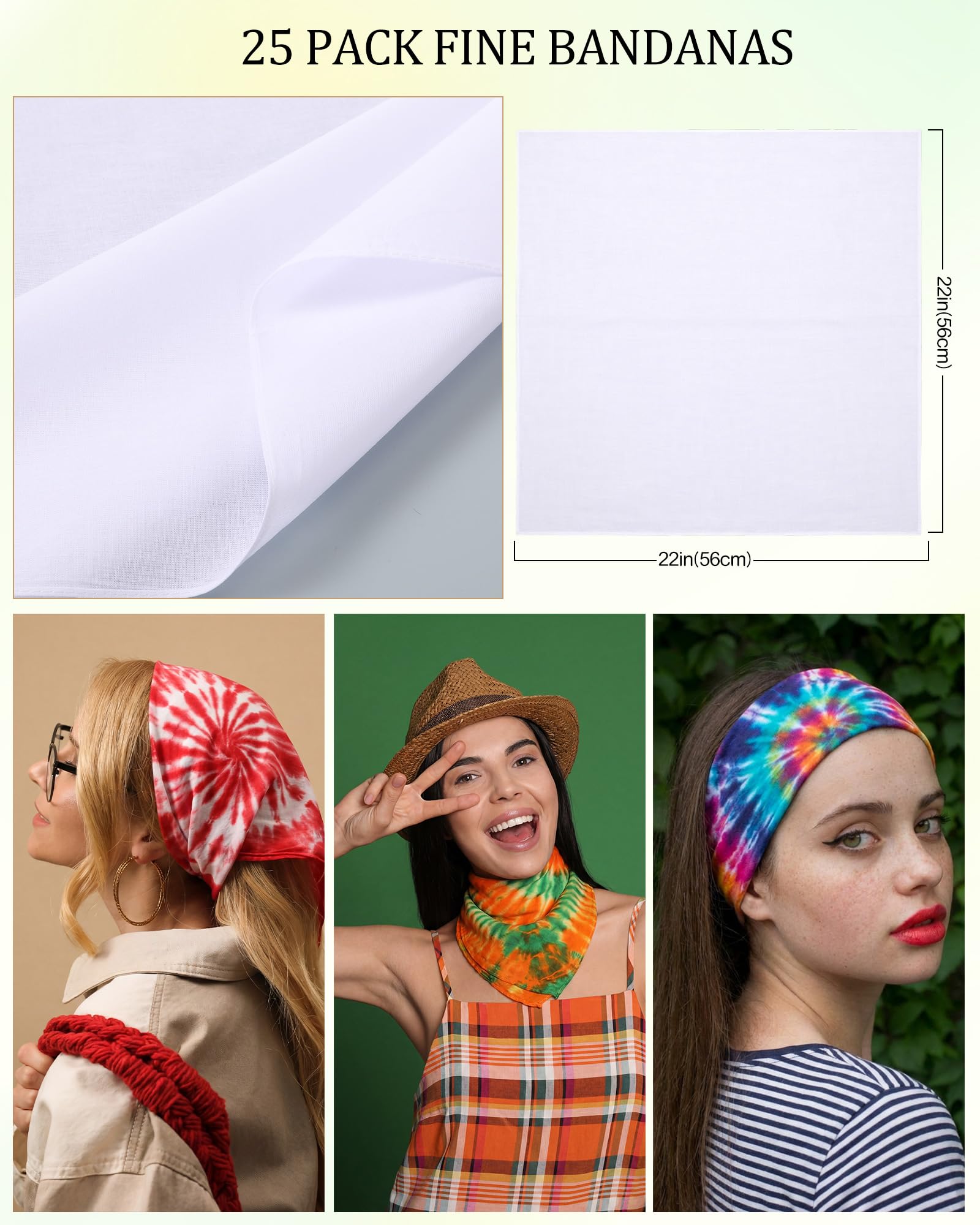Sosation Batik-Set, weiße Baumwoll-Haargummis, Workout-Stirnbänder, weiße Stirnbänder, Yoga, feine Bandanas mit Gummibändern für Damen, Batik-Party, 100 Stück
