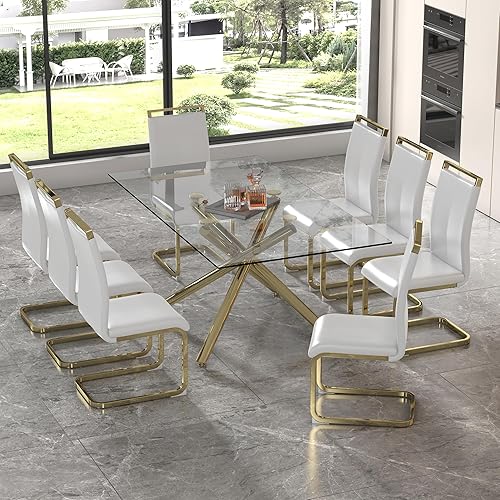Miniatura 28 de Juego de 6 mesas de comedor de cristal, moderno juego de mesa de comedor de 71 pulgadas con 6 sillas de comedor tapizadas de piel sintética para
