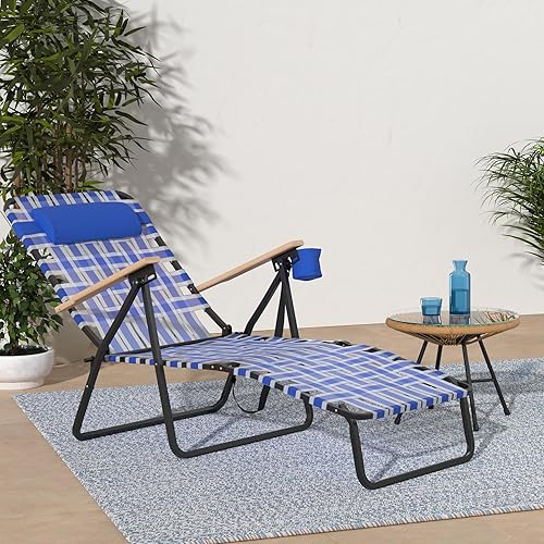 Miniatura 2 de EasyGo Product Tumbona de acero plegable para patio, campamento, piscina, asas de madera, 1 unidad, color azul