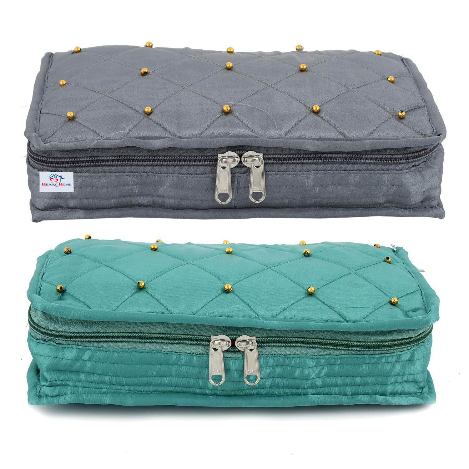 Heart Home Beads Heavy Quilted Satin Jewellery cum Makeup Kit (Green & Grey)-Pack Of 2-HHEART15811