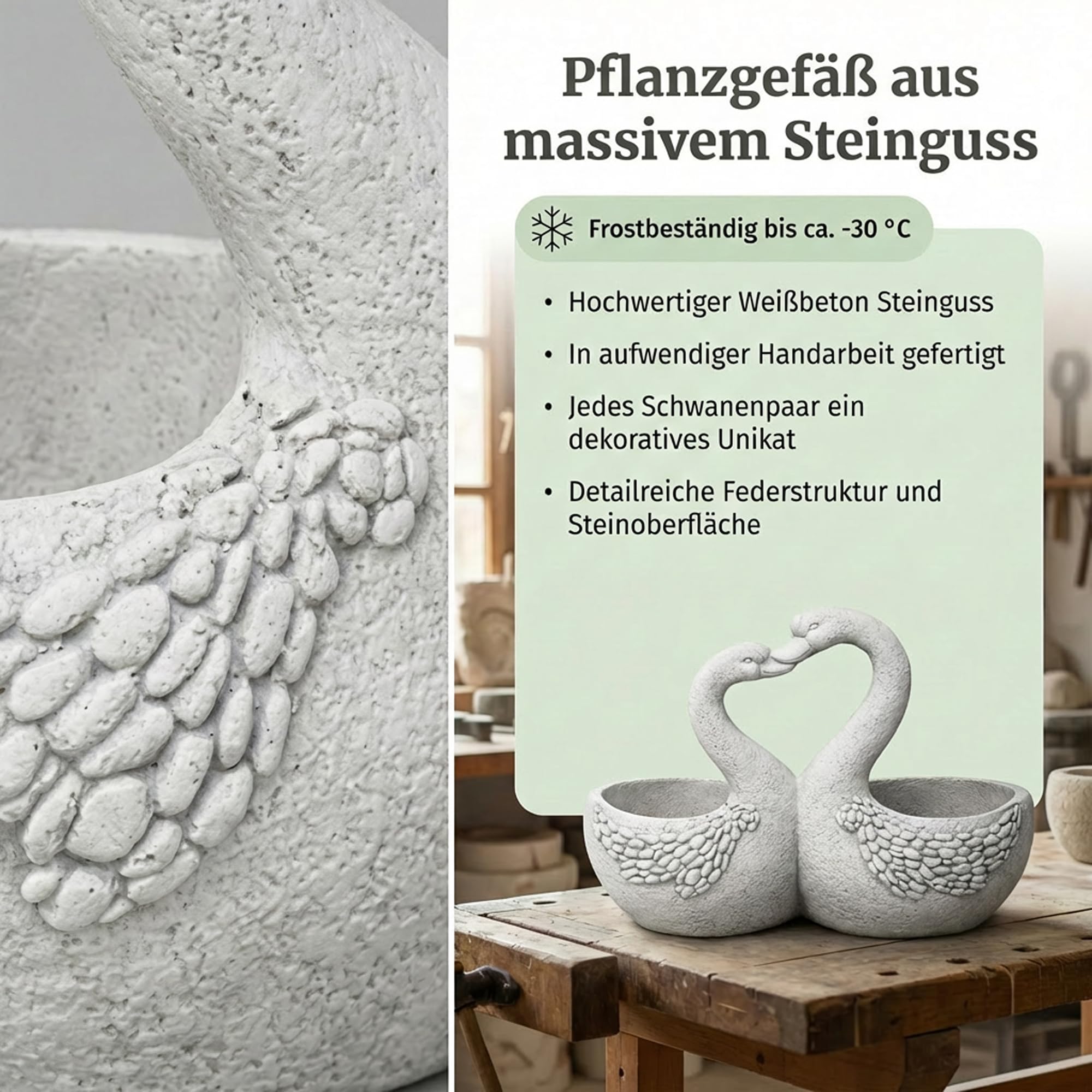 gartendekoparadies.de Gartenfigur Liebevolle Schwäne mit Blumentopf, Pflanzgefäß aus Steinguss, 0,5 & 0,8 Liter, 16 kg, Grau, frostsicher für Außenbereich