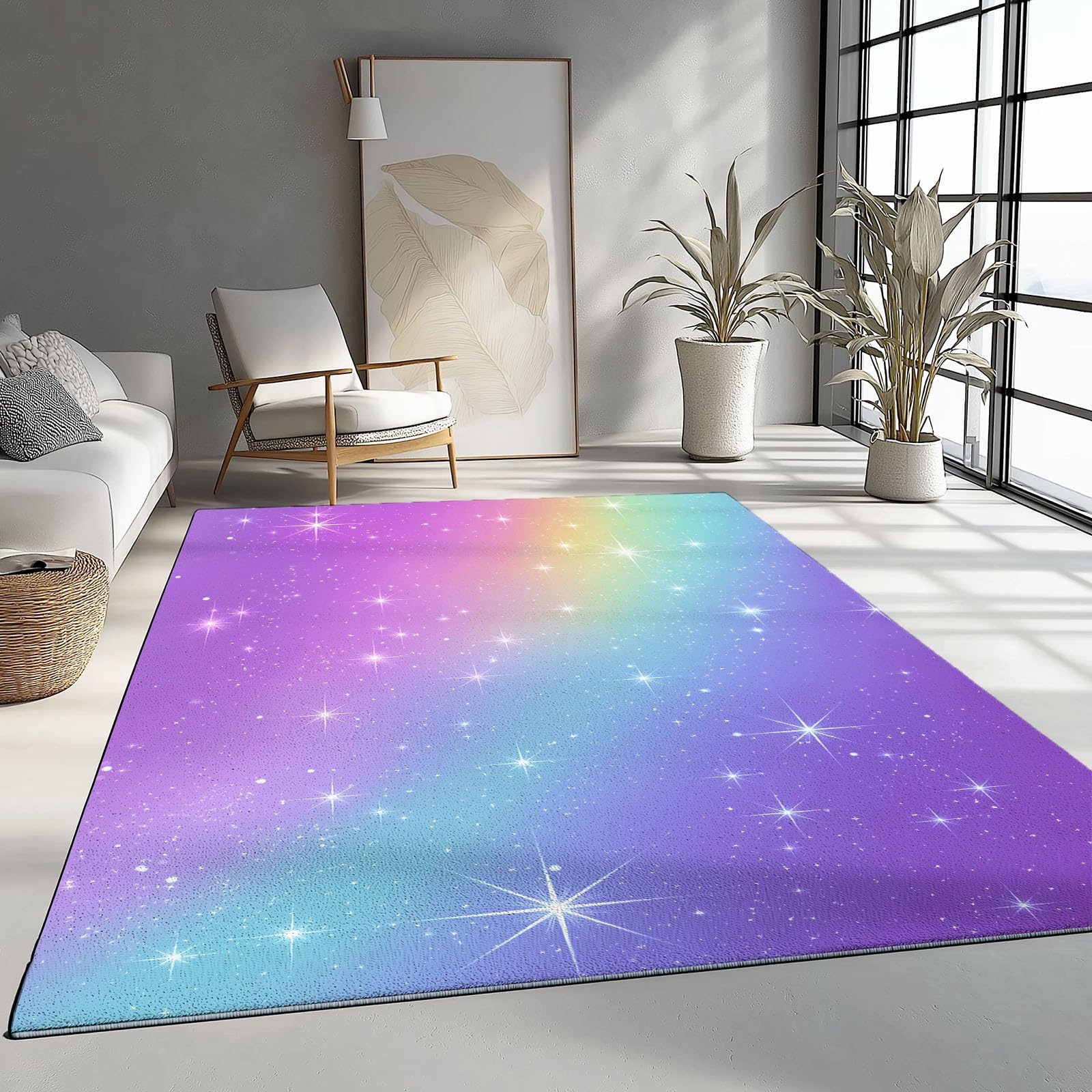 Traum Farbverlauf Regenbogen Sterne Bedruckter Teppich Wohnzimmer 160 x 230 cm, Lila Blau Muster Waschbarer Teppich Wohnzimmer Schlafzimmer, Antibakteriell Antirutschunterlage Küchenteppich