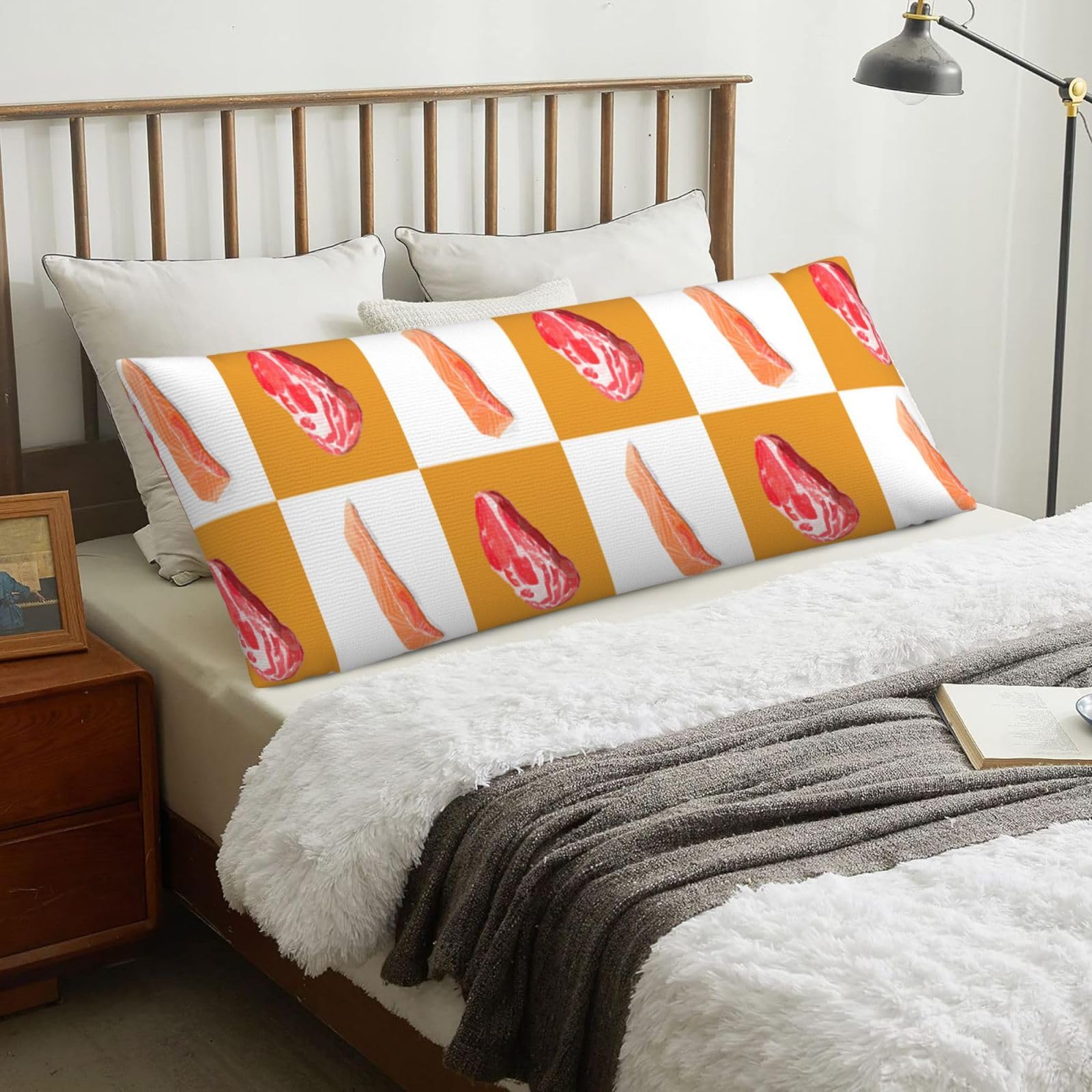 Delicious Salmon And Steak, Body Pillow Cover with Zipper,Long Body Pillowcase 20 x 60 in