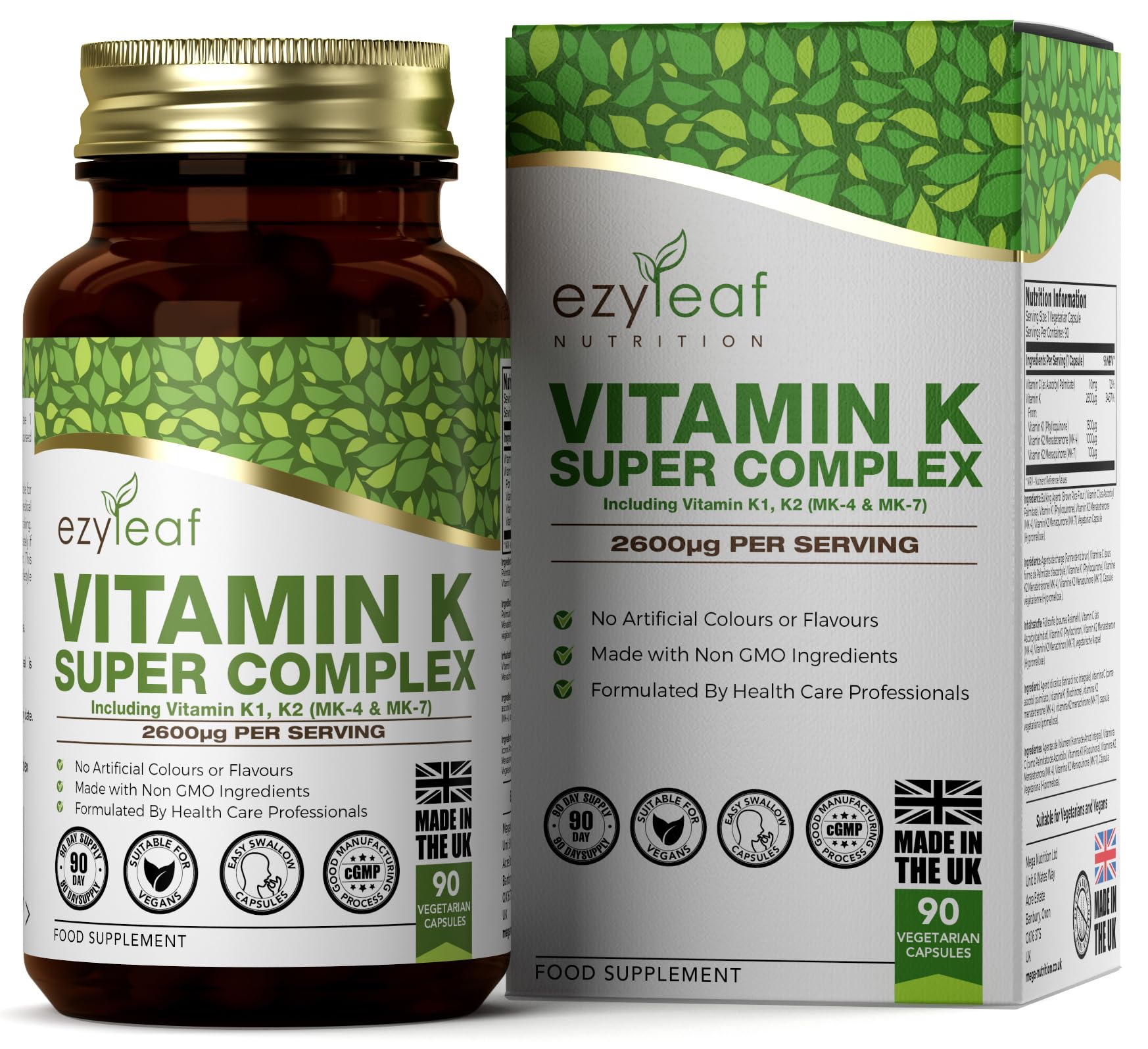 Ezyleaf Vitamin K Super Complex | Vitamin K2 MK7 - Vitsmin-K2 MK4 - VIT K1 | 2600µg per Capsule | 90 K2 MK-7 Vegan Capsules | Non-GMO, Allergen Free Formula with Vitamin-C | Made in The UK