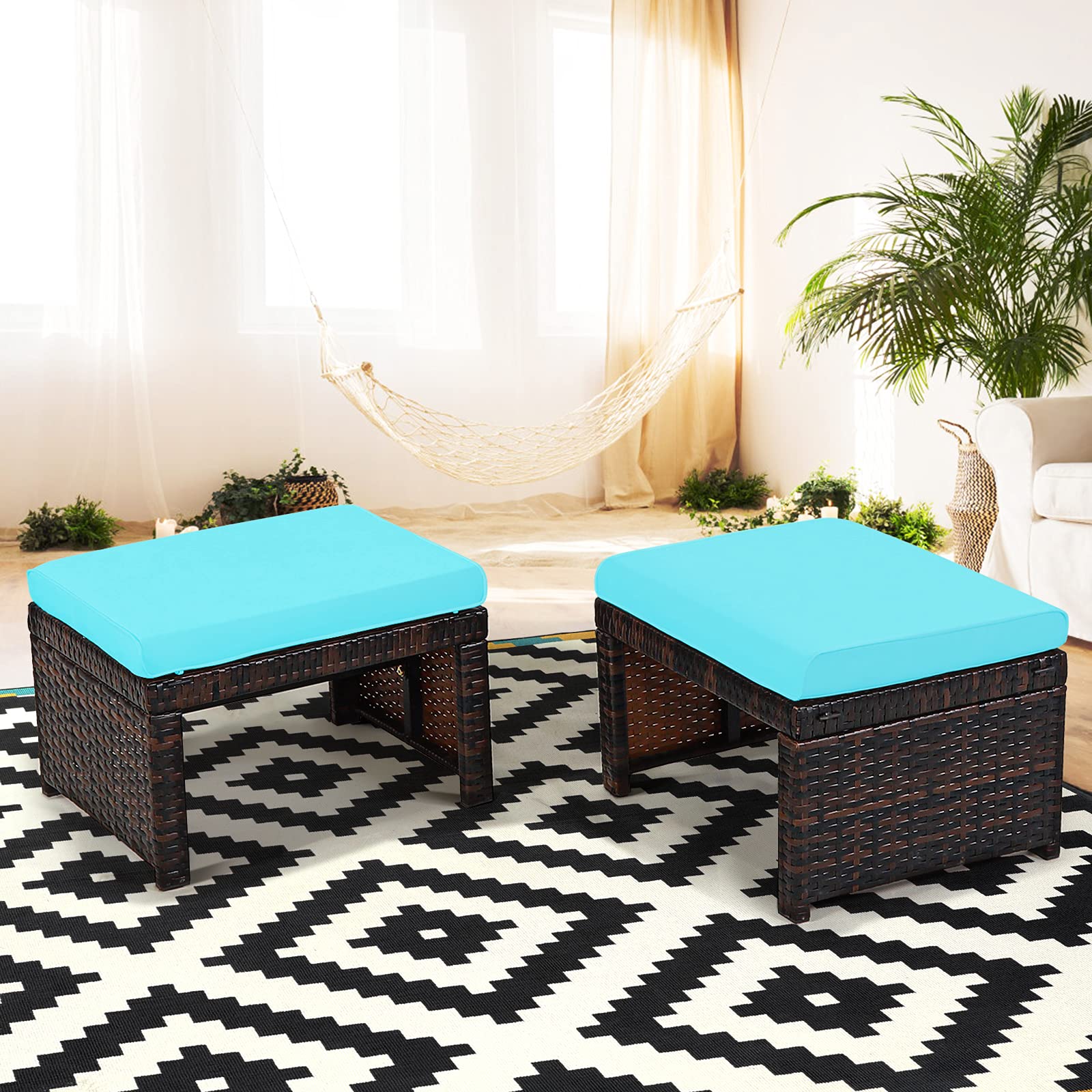 GIANTEX 2 Taburetes Reposapiés de Ratán de Jardín, Cojín Impermeable Extraíble, Taburetes, Mesas, Multiusos, 49 x 40 x 28 cm, Azul