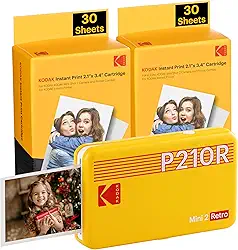 Impressora fotográfica portátil KODAK Mini 2 Retro 4PASS (5,3 x 8,6 cm), inicial 8 folhas + pacote de 60 folhas, amarela
