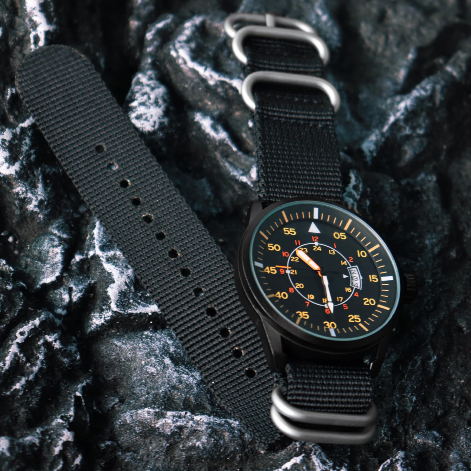 addies Reloj militar de 44 mm para hombre, pantalla de 3 fechas, resistente al agua, resistente al agua, para exteriores, correa de nailon de secado rápido