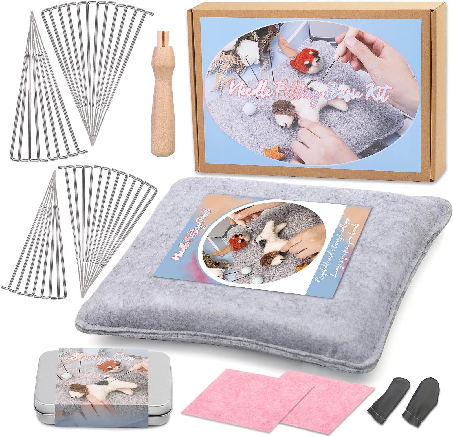 SUVSOON Needle Felting Tools with Felt Pad, 9.84 x 7.87 x 1.38 Inch Needle Felt Pad with 40 PCS Felt Needles & Wooden Needle Handle, Needle Felt Kit for Wool Felting Craft DIY
