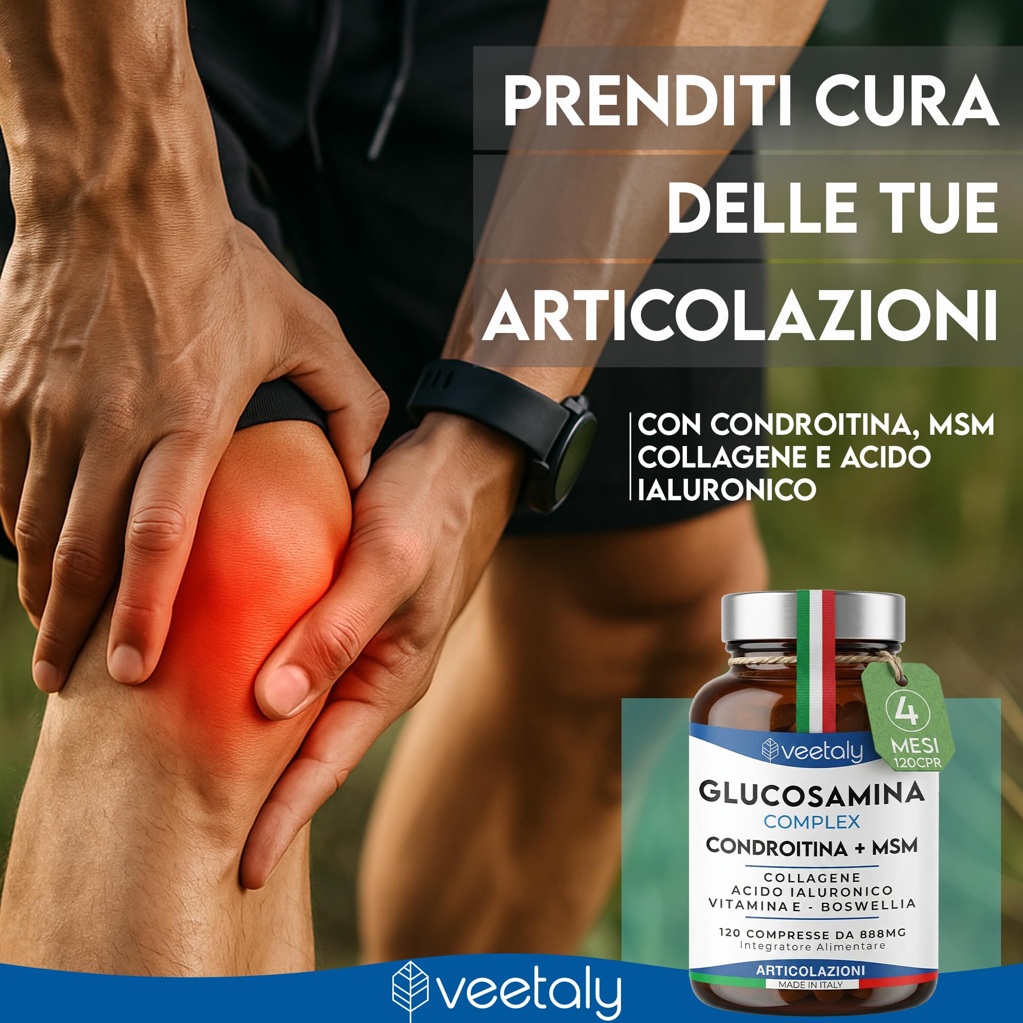 Glucosamina Condroitina MSM 888mg - Integratore Articolazioni e Cartilagine Ginocchio con Collagene, Acido Ialuronico, Vitamina E, Boswellia - 4 Mesi, 120 Compresse da 888 mg