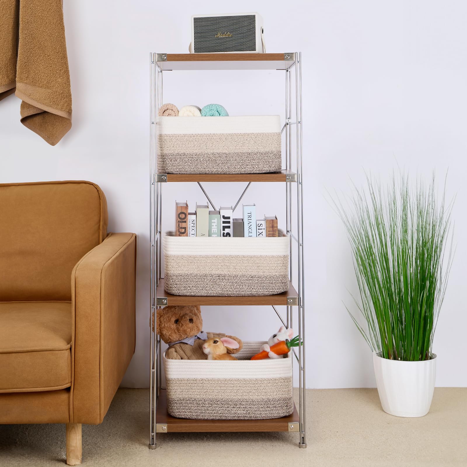 MiniArk Cestini portaoggetti grandi, 43 x 33 x 19 cm, confezione da 3 pezzi, in corda di cotone marrone sfumato