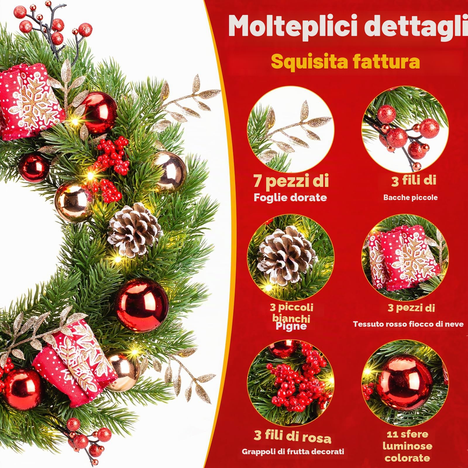 GlobaLink Ghirlanda natalizia da 40 cm, con 40 LED Adornos Navideños Regalos Corona de Navidad de 40cm, 40LED, Christmas Door Wreath Navidad Corona para Chimeneas, Ventanas, Puertas, Paredes-Piña