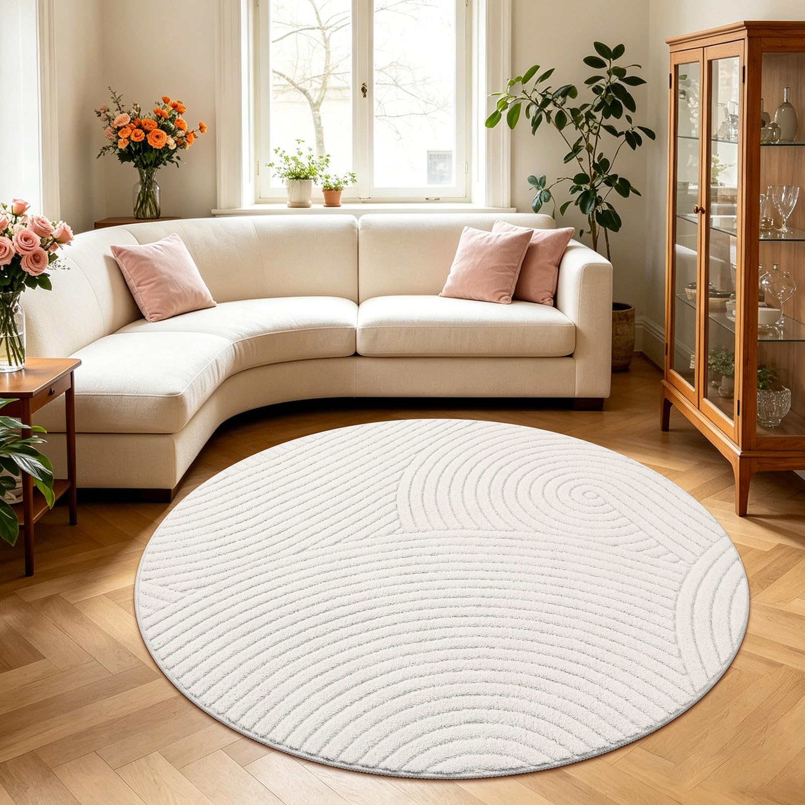 SHACOS Rugs for Living Room 120 cm Round, Soft Short Pile Modern Geometric Beige Area Rug, Machine Washable Non-Slip Cream Carpet for Bedroom Dining Room — image 1