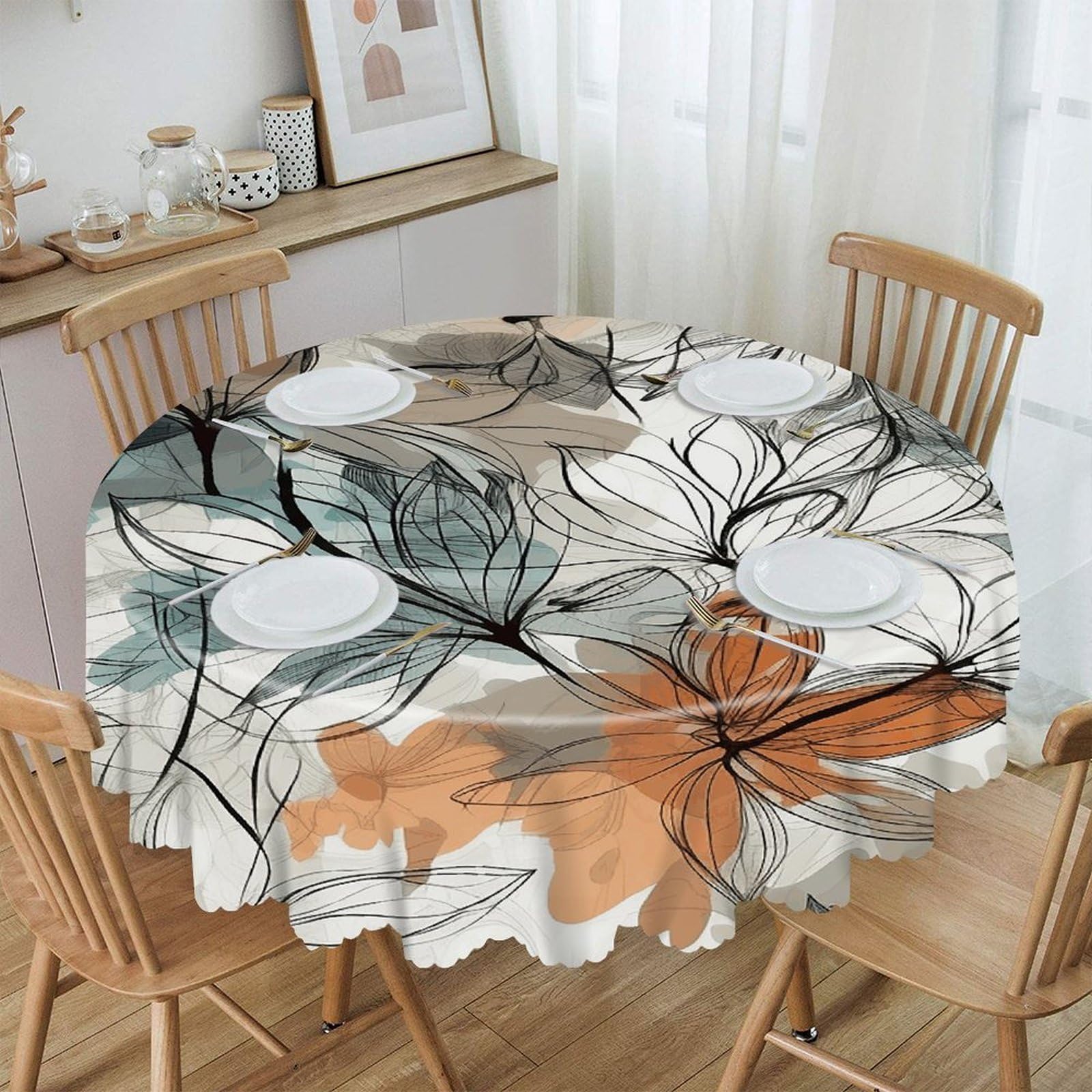 Adfgyerh Style Simple Drawing Of Flowers Table Cloth Easy To Clean, Home Decor Lace Design, Soft And Comfortable, Round Tablecloth Suitable For Homes, Restaurants, Hotels, Patio Tables, Etc.