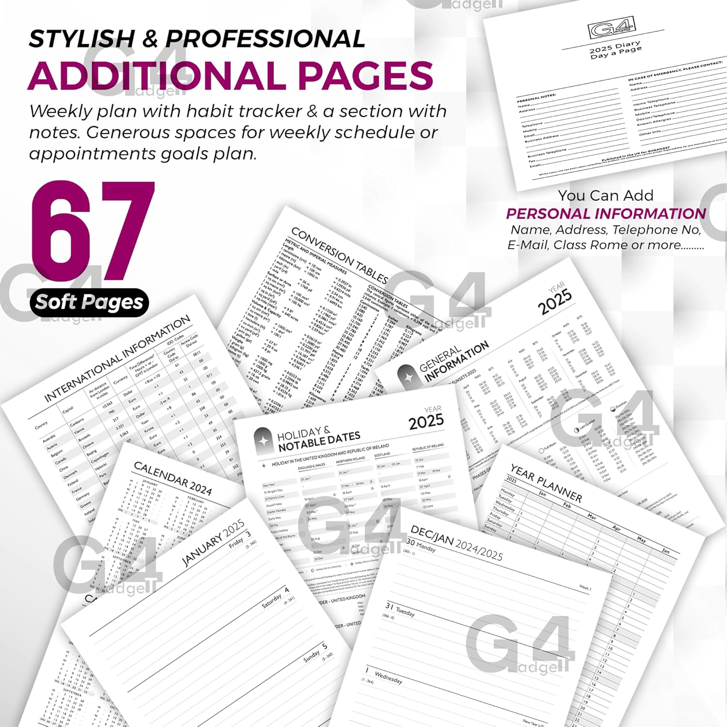 G4GADGET G4 2025 Purple A4 Week to View Diary Hardback Cover 80GSM Paper for Business Office & Home