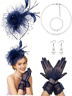 1920s Vintage Fascinators Hat Set for Women Tea Party Hats Veil Mesh Feather Headband Lace Gloves Set