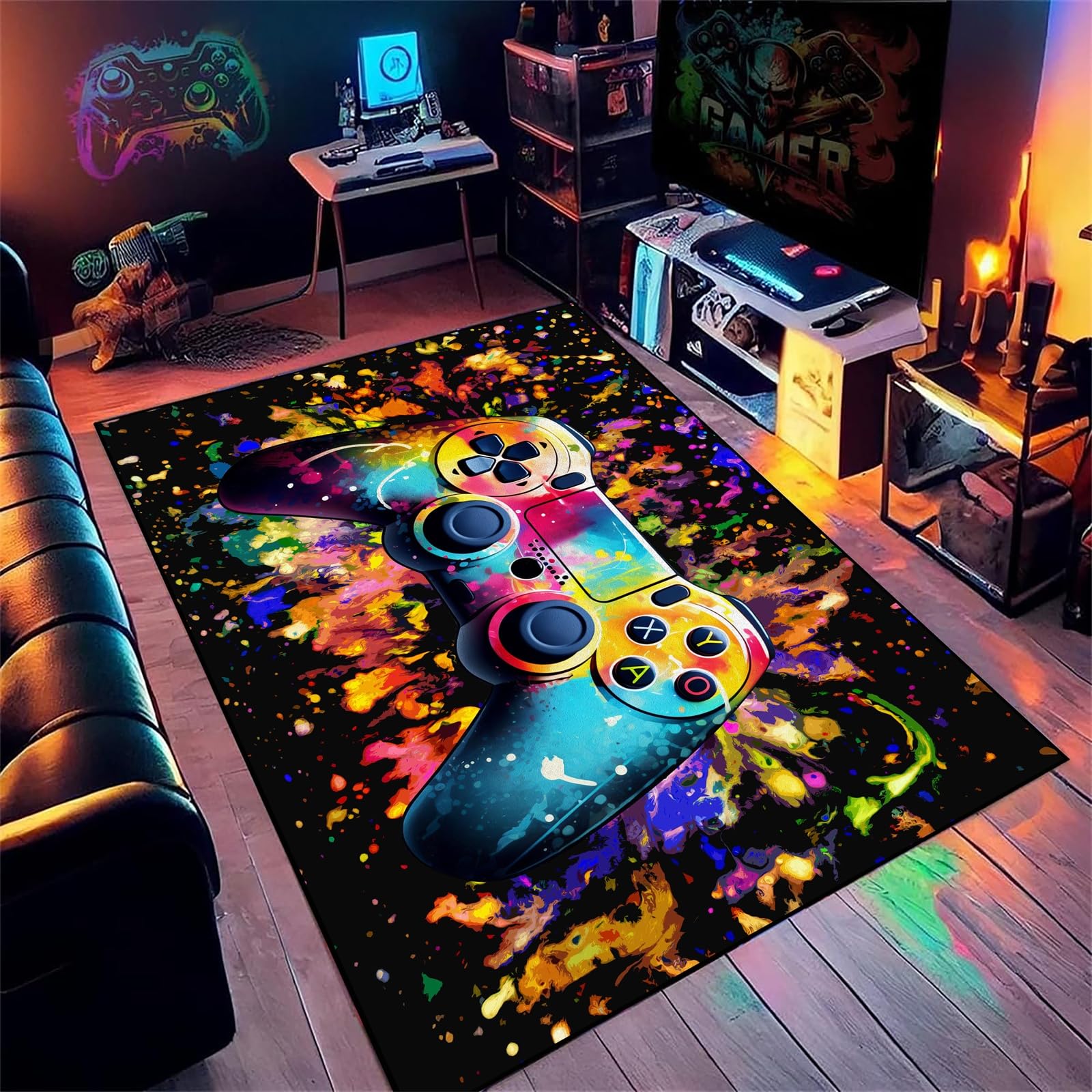 AOESELN Colorful Game Controller Area Rug,180x260cm,Kids Gamepad Rugs,3D Cool Living Room Rug,Indoor Carpet,Soft, Machine Washable,Non-Slip Mat,for Girls Bedroom and Boys Bedroom