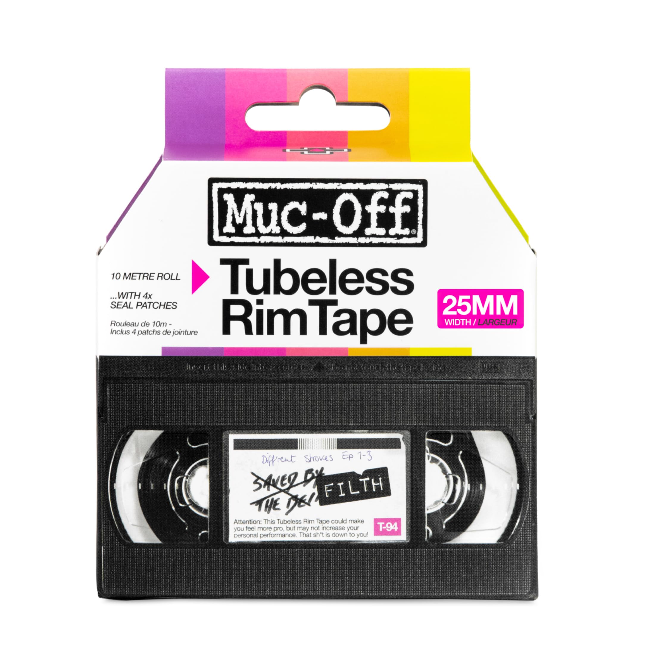Muc Off Tubeless Felgenband, 25 mm - druckempfindliches Felgenband für Schlauchlose Fahrradreifen - 10-Meter-Rolle mit 4 Dichtungsflicken