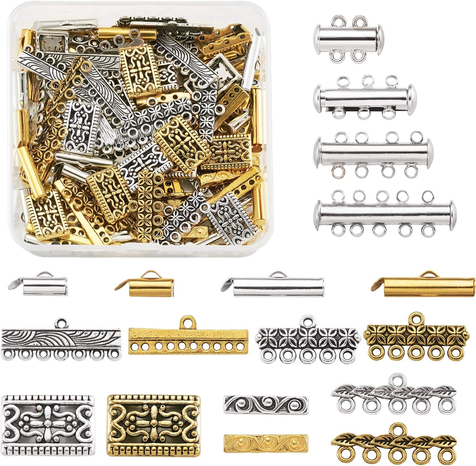 FASHEWELRY 148Pcs Mixed Shapes Multi Strands Metal Slide Lock Clasps Tibetan Style Alloy Links Tube Slide On End Clasp for Earring Necklace Jewelry Making