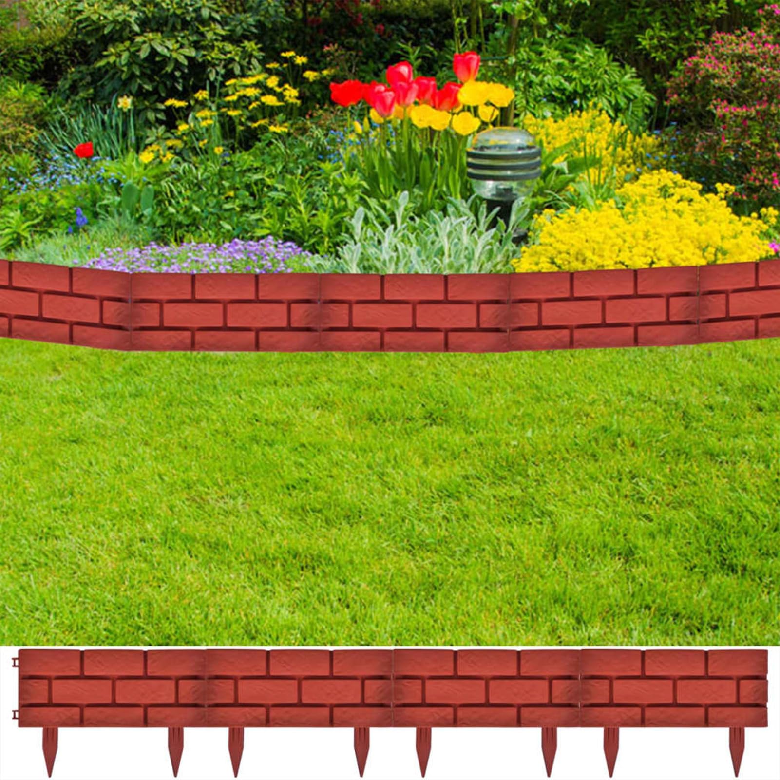 Separador para césped con diseño de ladrillos, 11 unidades, valla para jardín efecto piedra, bordes de jardín borde para césped apto para parterres y céspedes borde de plástico