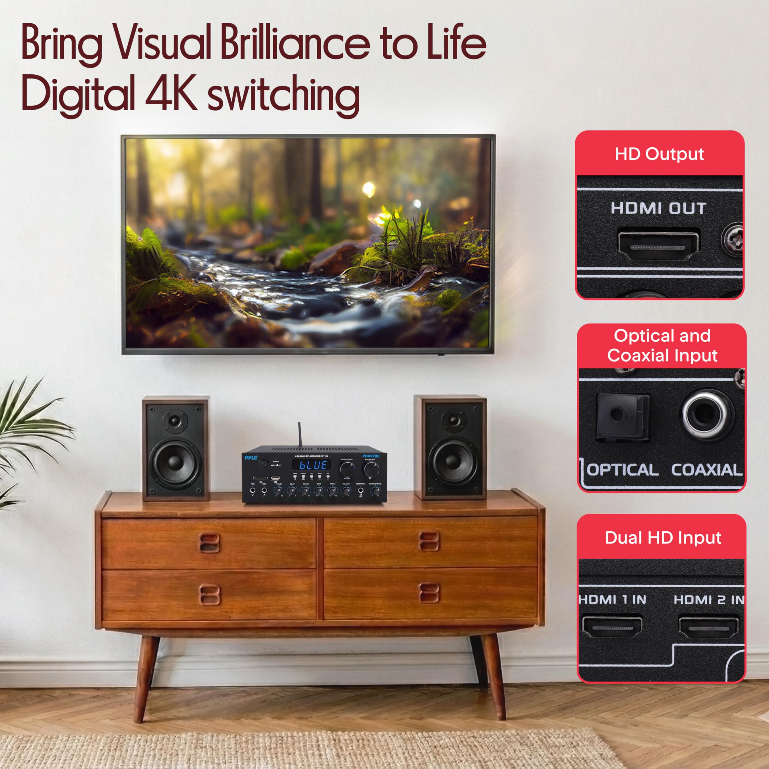 PDA99BU - Ricevitore audio stereo Bluetooth HD Home Audio 300 W, sistema audio a doppio canale, MP3, USB, SD, AUX, RCA, MIC, cuffie, FM, LED, ritardo di riverbero, per altoparlanti Home Theater,