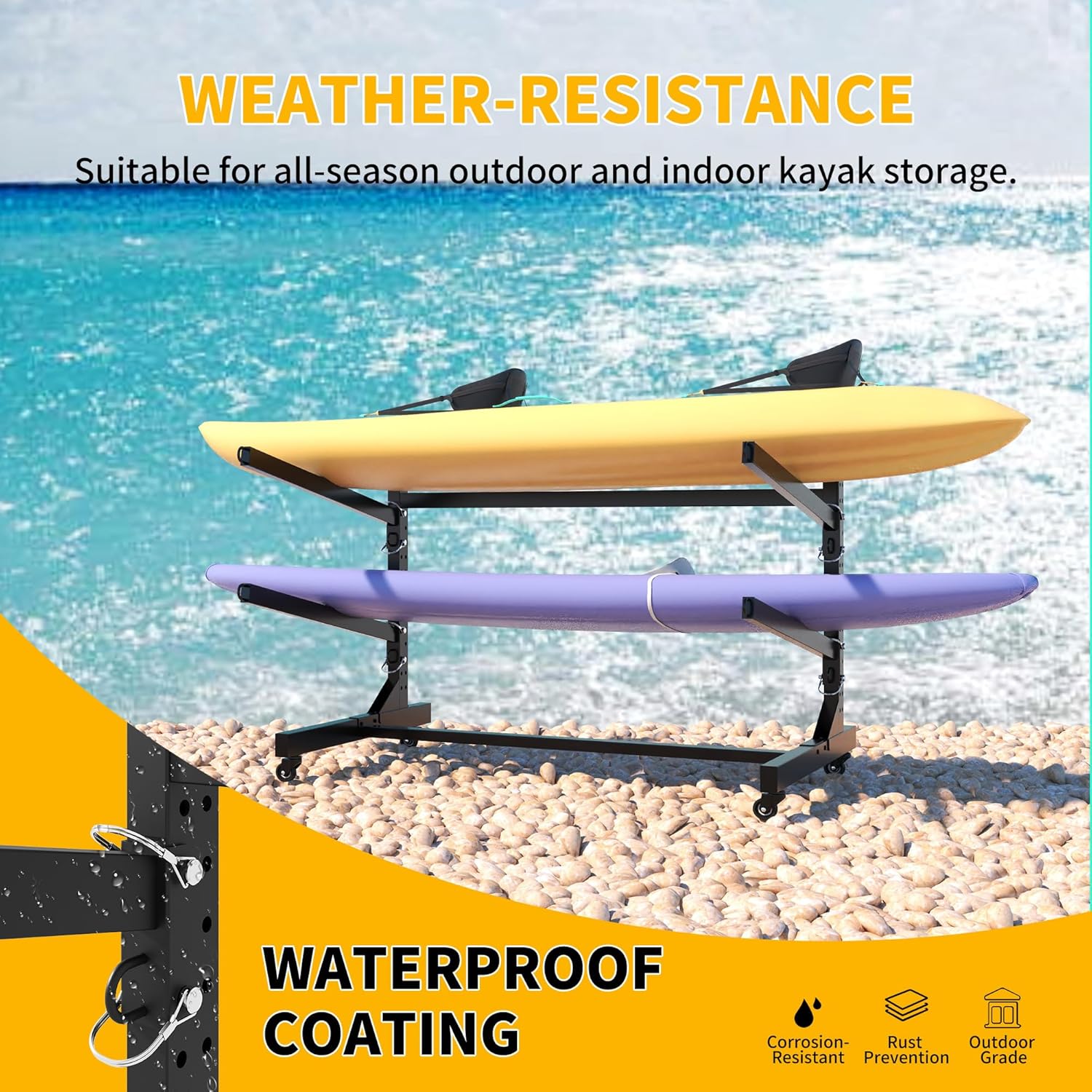 Freestanding Kayak Storage Rack, Heavy Duty Metal Kayak Stand with Lockable Wheels, Adjustable Kayak Holders for Canoes, SUP, Sled, Paddle Board & Surfboard, Garage, Indoor & Outdoor Use